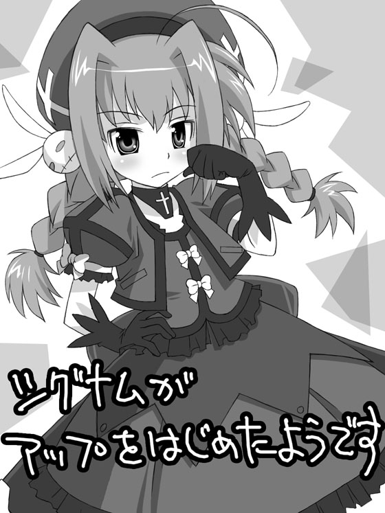 umekichi, vita (nanoha), lyrical nanoha, mahou shoujo lyrical nanoha, mahou shoujo lyrical nanoha a's, 00s, 1girl, beret, blush, braid, dress, female focus, gloves, greyscale, hat, long hair, long sleeves, monochrome, puffy short sleeves, puffy sleeves, short sleeves, solo, twin braids, very long hair