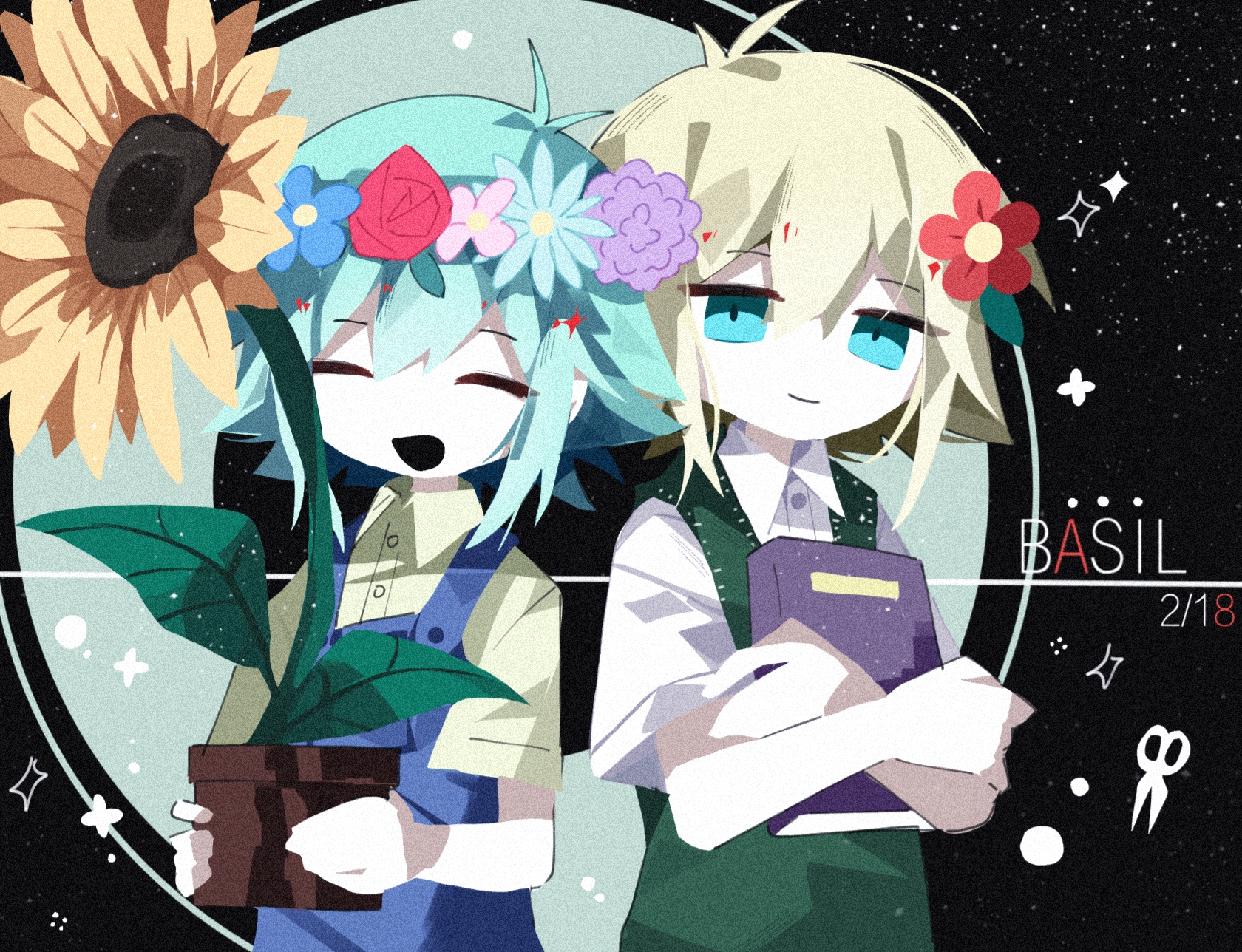 lemonail, basil (faraway) (omori), basil (headspace) (omori), basil (omori), omori, commentary, highres, 2boys, :d, ^ ^, antenna hair, aqua eyes, aqua flower, aqua hair, back-to-back, black border, black mouth, blonde hair, blue flower, blue overalls, book, border, buttons, character name, closed eyes, closed mouth, collared shirt, dated, double-parted bangs, dual persona, film grain, flower, flower pot, flower wreath, green background, green shirt, hair between eyes, head wreath, holding, holding book, holding flower pot, hugging book, hugging object, leaf, looking at viewer, male focus, multiple boys, no lineart, no nose, open mouth, outside border, overalls, pink flower, purple flower, purple rose, red flower, red rose, rose, round border, scissors, shirt, short sleeves, sidelocks, simple background, smile, sparkle, sunflower, upper body, white shirt