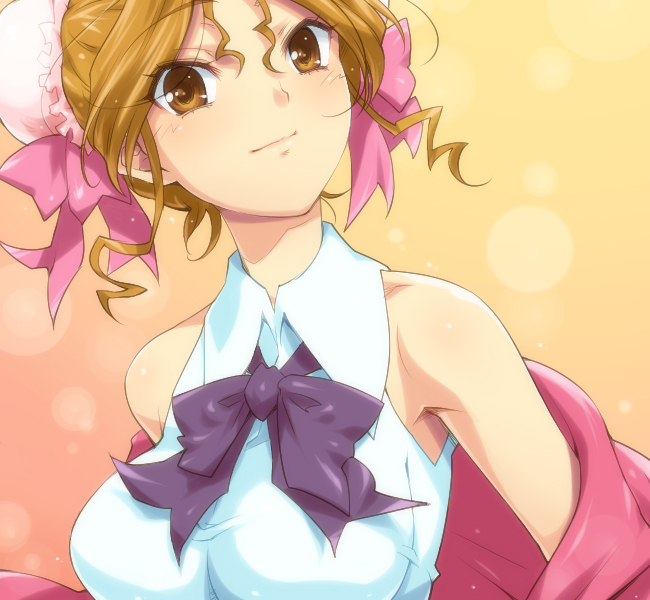 hairu, hayasaka akira, super real mahjong, 1girl, bare shoulders, breasts, brown eyes, brown hair, bun cover, double bun, female focus, hair bun, large breasts, solo