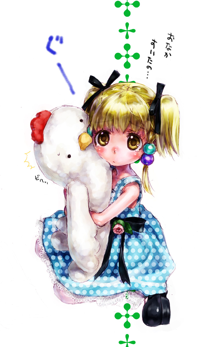 nakamura kanko, irui guneden, banpresto, super robot wars, bad id, bad pixiv id, highres, 1girl, blonde hair, blush, child, doll, dress, female focus, flower, hug, hugging doll, hugging object, polka dot, ribbon, shoes, short twintails, solo, stuffed animal, stuffed toy, tears, twintails, yellow eyes