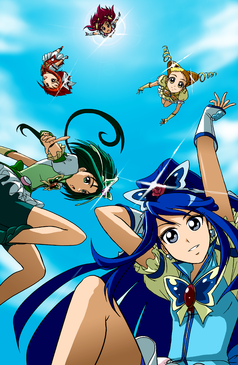 takaya n, akimoto komachi, cure aqua, cure dream, cure lemonade, cure mint, cure rouge, kasugano urara (yes! precure 5), minazuki karen, natsuki rin, yumehara nozomi, precure, yes! precure 5, highres, 00s, 5girls, blonde hair, blue hair, butterfly hair ornament, cone hair bun, drill hair, falling, flower, green hair, hair bun, hair ornament, long hair, magical girl, multiple girls, pink flower, pink rose, red hair, rose, short hair, shorts, shorts under skirt, sky, wide ponytail