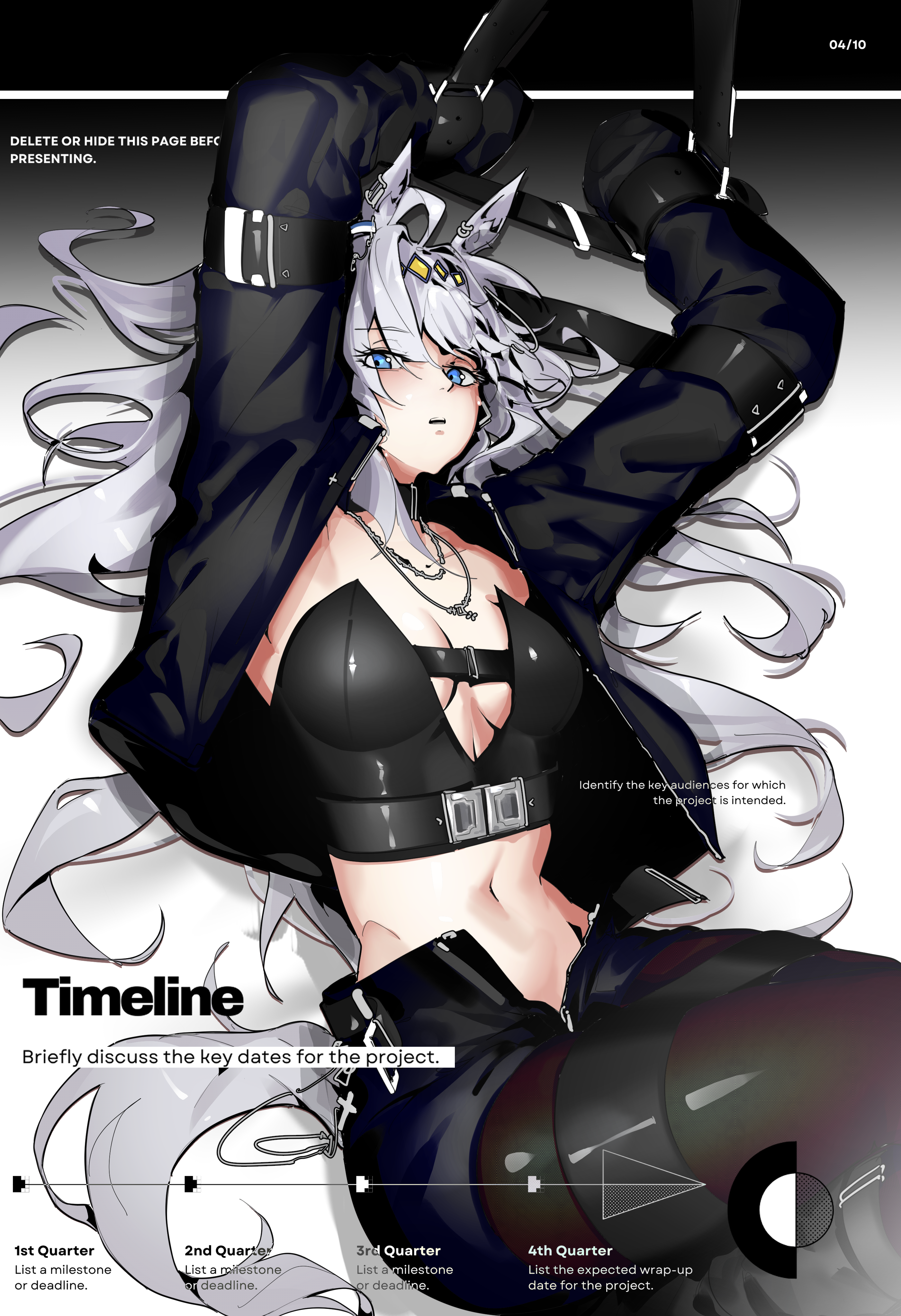 khrnnfz, oguri cap (umamusume), umamusume, absurdres, highres, 1girl, ahoge, alternate costume, animal ears, black choker, black jacket, black pantyhose, black shorts, blue eyes, breasts, choker, collarbone, crop top, ear ornament, english text, grey hair, hair between eyes, hair ornament, hairband, horse ears, horse girl, horse tail, jacket, jewelry, long hair, long sleeves, medium breasts, midriff, multicolored hair, navel, necklace, open clothes, open jacket, pantyhose, pantyhose under shorts, shorts, solo, tail