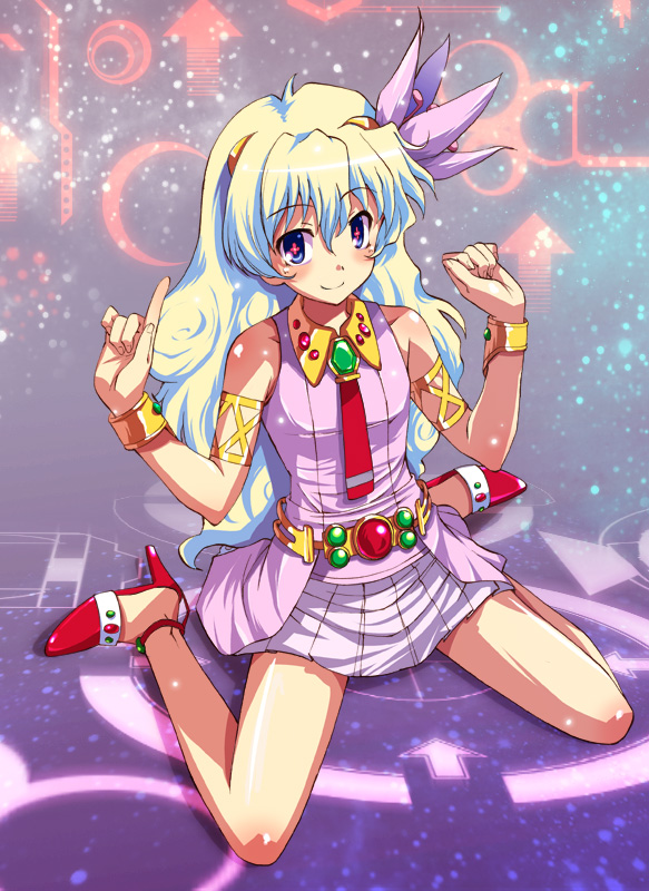 matsuzaki yutaka, nia teppelin, tengen toppa gurren lagann, + +, 00s, 1girl, armlet, bracelet, cross-shaped pupils, dress, female focus, flower, hair flower, hair ornament, jewelry, kneeling, long hair, multicolored hair, pink dress, pink skirt, skirt, sleeveless, solo, symbol-shaped pupils