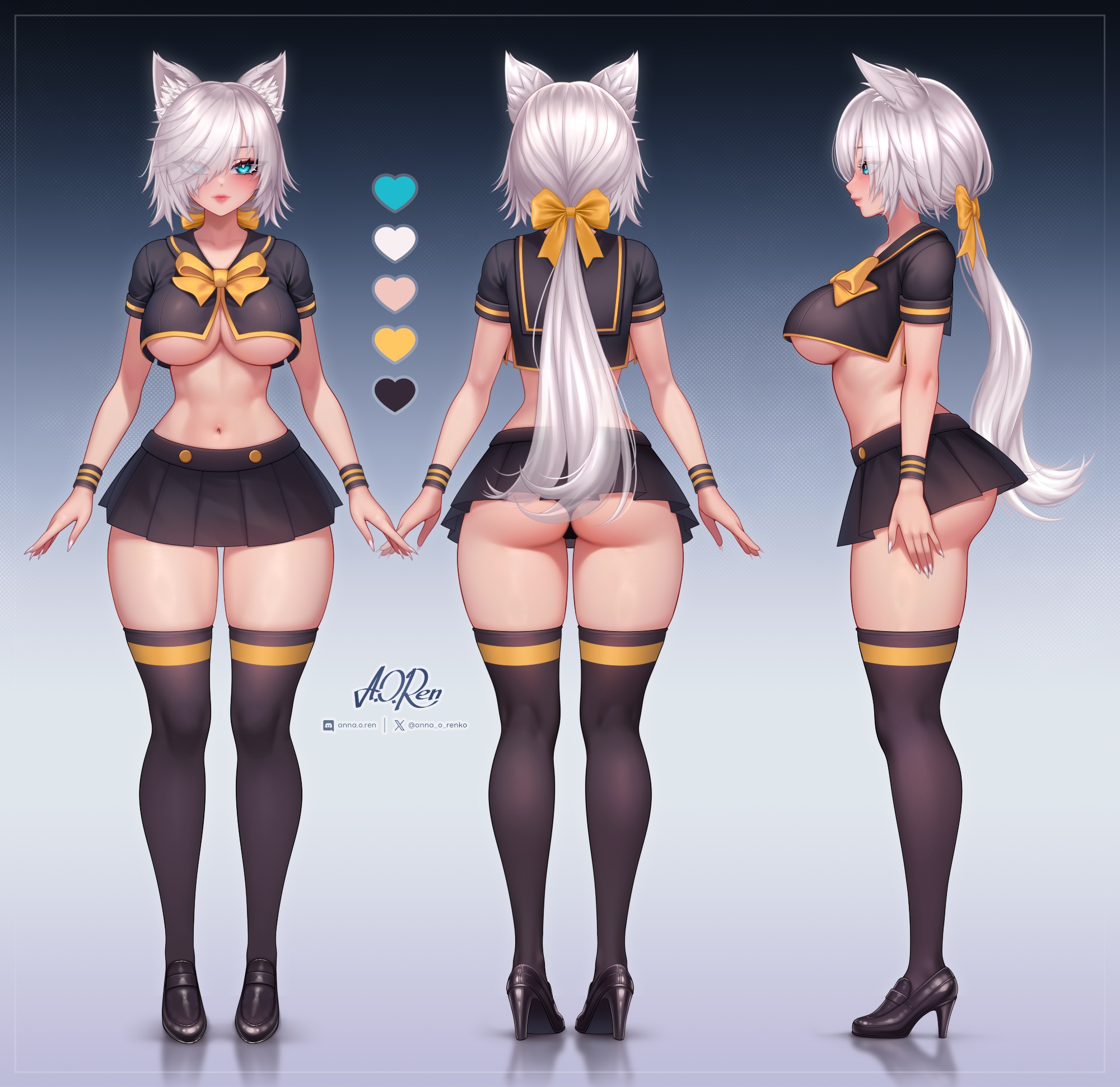 anna o renko, original, commission, highres, 1girl, a-pose, animal ear fluff, animal ears, aqua eyes, ass, bandaid, bandaid on face, bandaid on nose, black shoes, black skirt, black thighhighs, breasts, closed mouth, color guide, cropped shirt, eyebrows hidden by hair, fox ears, from behind, from side, full body, hair between eyes, hair over one eye, hair ribbon, high heels, large breasts, lips, long hair, looking at viewer, miniskirt, multiple views, orange ribbon, ponytail, reference sheet, reflective floor, ribbon, school uniform, shirt overhang, shoes, sideboob, skirt, stiletto heels, thighhighs, white hair