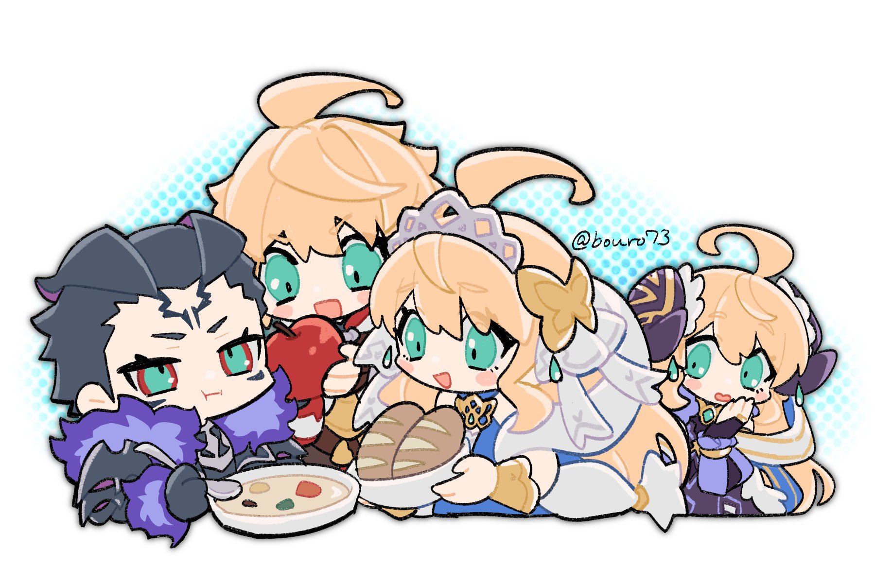 bouro73, euden, nedrick, zena (dragalia lost), zethia, dragalia lost, highres, 2boys, 2girls, :d, ahoge, apple, black hair, blonde hair, blue dress, bread, brother and sister, chibi, chibi only, closed mouth, dress, facial mark, fake horns, food, fruit, green eyes, holding, holding food, holding fruit, holding spoon, horns, long hair, looking at another, multiple boys, multiple girls, open mouth, purple dress, short hair, siblings, smile, soup, spoon, tiara, twitter username, very long hair