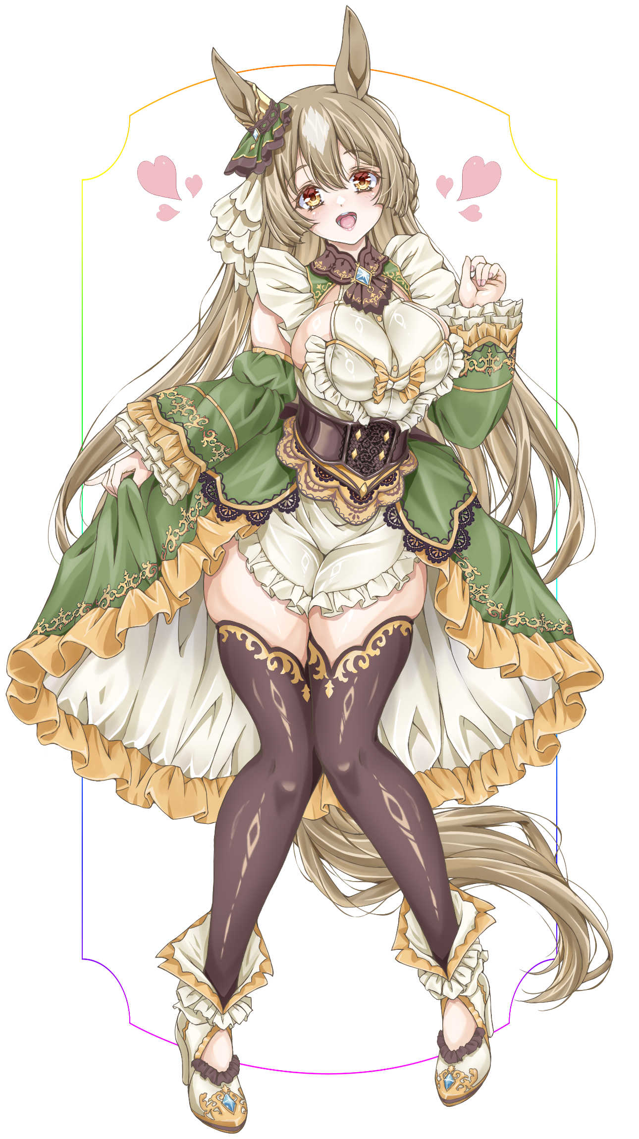 akiha (akiha ttt), satono diamond (natural brilliance) (umamusume), satono diamond (umamusume), umamusume, commentary request, highres, 1girl, adapted costume, animal ears, ascot, black ascot, black thighhighs, braid, breasts, brown hair, cleavage, corset, detached sleeves, dress, ear ornament, frilled dress, frills, full body, green dress, hair between eyes, half up braid, heart, horse ears, horse girl, large breasts, long hair, long sleeves, looking at viewer, multicolored hair, open mouth, plump, shoes, simple background, smile, solo, standing, streaked hair, thighhighs, thighs, very long hair, white background, white hair, white shoes, wide sleeves, yellow eyes
