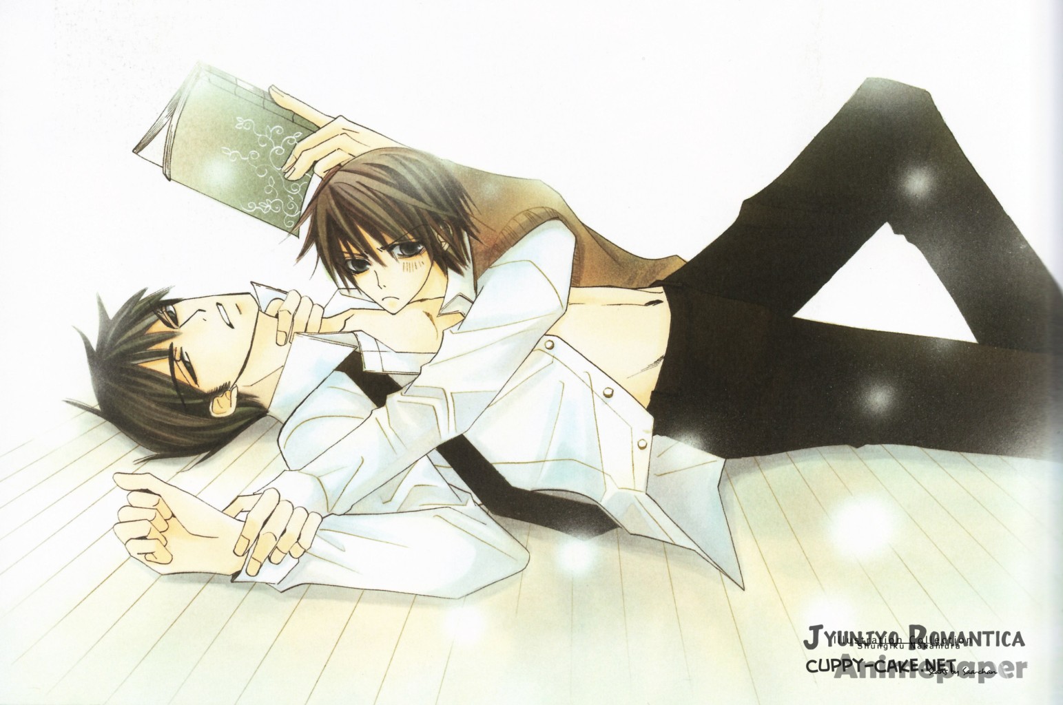 nakamura shungiku, miyagi you, takatsuki shinobu, you miyagi, junjou romantica, junjou terrorist, 00s, 2boys, barefoot, light particles, male focus, multiple boys, watermark, white background, wooden floor, yaoi