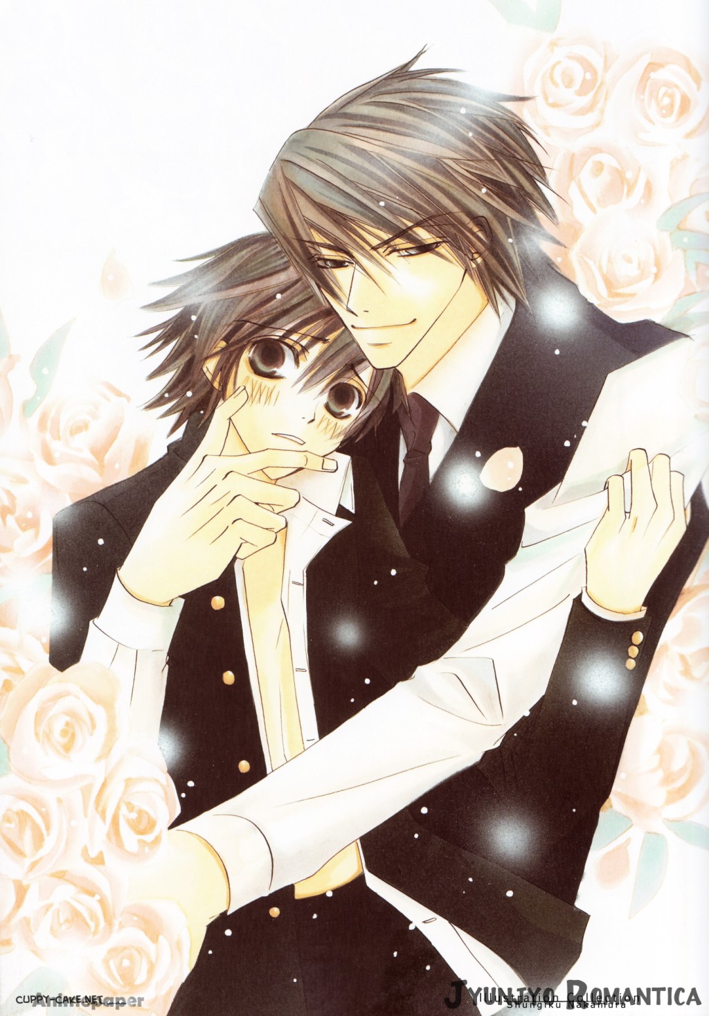 nakamura shungiku, takahashi misaki, usagi-san, usami akihiko, junjou romantica, highres, non-web source, scan, 00s, 2boys, comic, light particles, male focus, multiple boys, rabbit, watermark, yaoi