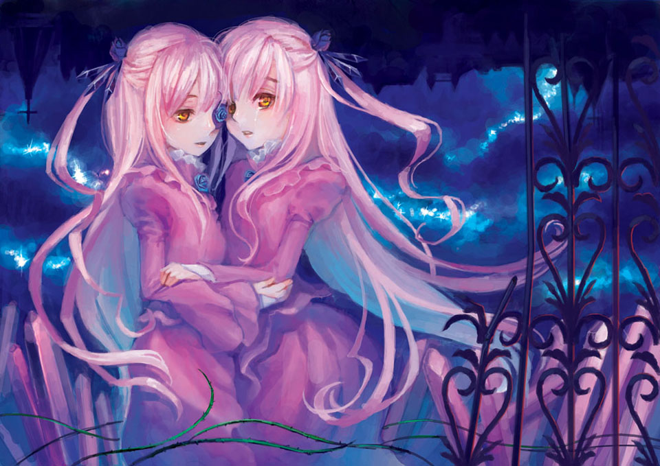 miya (foolish order), barasuishou, rozen maiden, 00s, 2girls, crystal, dual persona, eyepatch, hair ornament, long hair, multiple girls, pink hair, tears, very long hair, yellow eyes