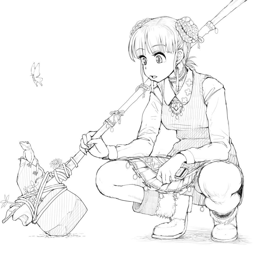 unou (mousou deguchi), original, clothing request, commentary request, 1girl, animal, axe, boots, braid, braided bun, bug, butterfly, choker, collared shirt, double bun, flower, full body, fur-trimmed boots, fur trim, greyscale, hair bun, holding, holding axe, holding weapon, insect, jewelry, lace, lace choker, lizard, long sleeves, looking at animal, monochrome, necklace, open mouth, primitive school girl, rope, school uniform, shirt, short hair, simple background, skirt, solo, squatting, sweater vest, weapon