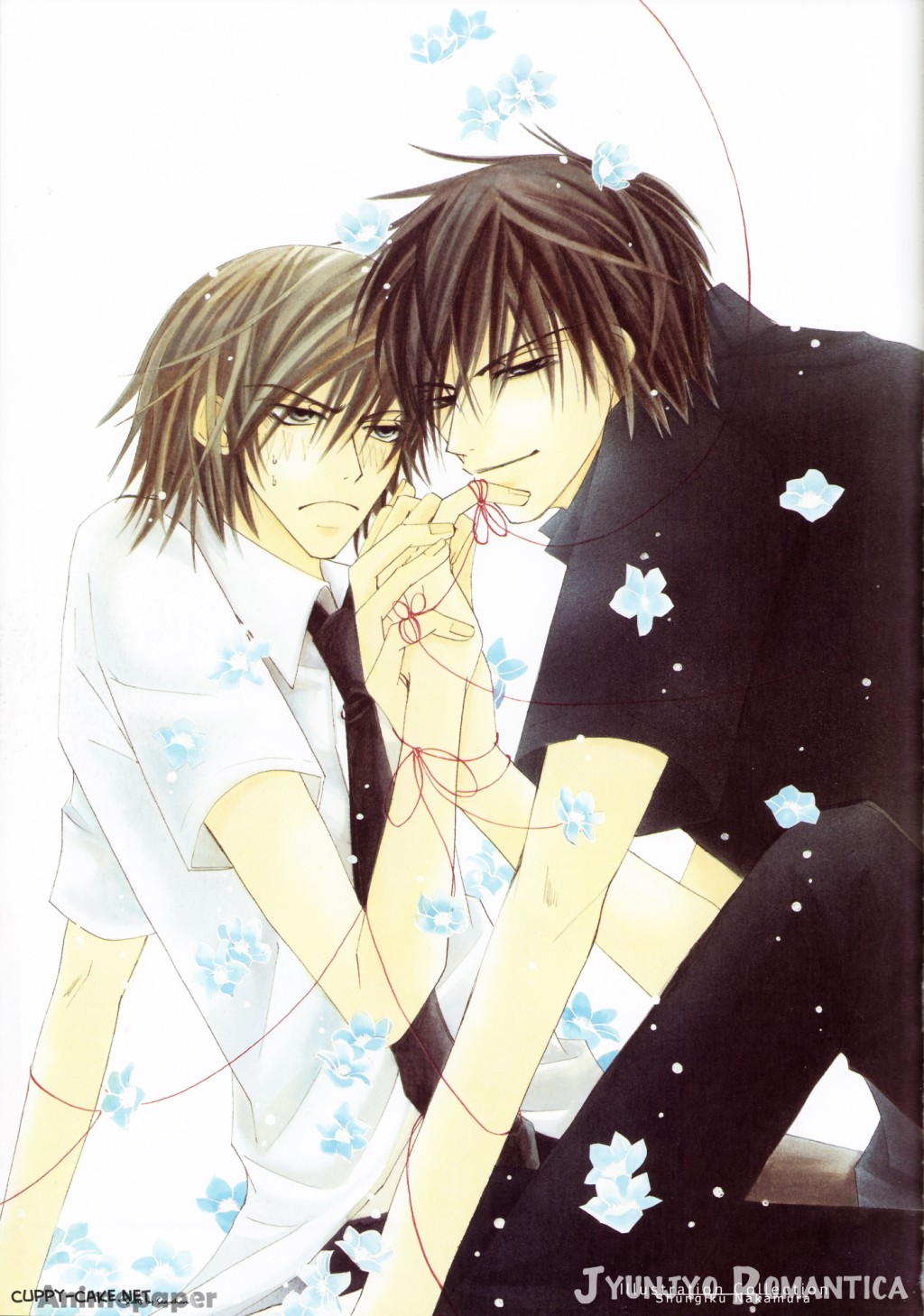 nakamura shungiku, hiroki kamijou, kamijou hiroki, kusama nowaki, junjou egoist, junjou romantica, highres, scan, 00s, 2boys, bishounen, comic, male focus, multiple boys, string, string of fate, watermark, white background, yaoi