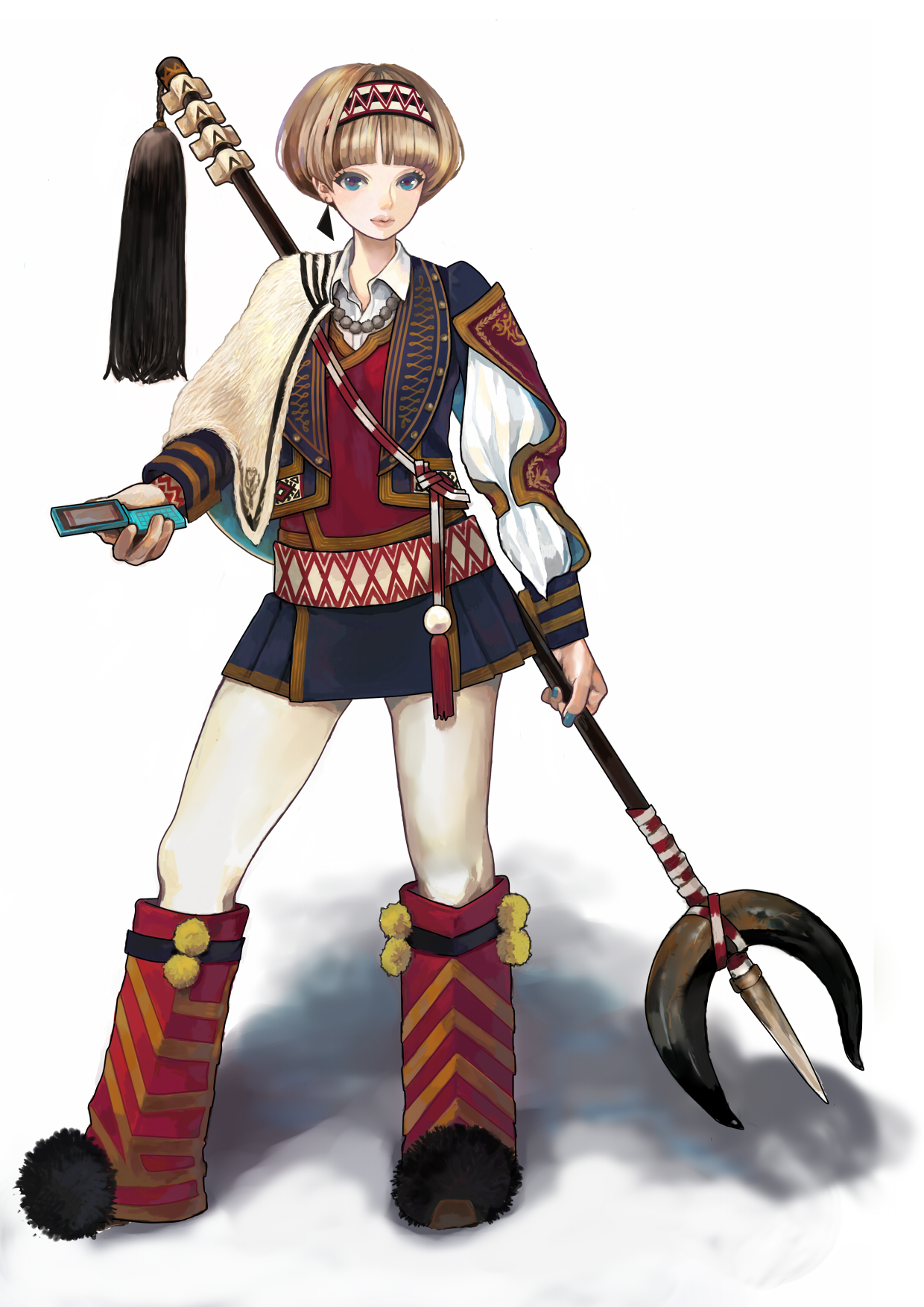 kaworu, original, highres, 1girl, animal skin cape, bead necklace, beads, blue eyes, blue jacket, blue nails, blue skirt, boots, bowl cut, brown hair, cellphone, closed mouth, collared shirt, earrings, flip phone, hair over hairband, hairband, holding, holding phone, holding polearm, holding weapon, jacket, jewelry, lips, long sleeves, looking at viewer, nail polish, necklace, open clothes, open jacket, phone, pleated skirt, polearm, primitive school girl, red boots, red vest, shirt, short hair, side cape, single earring, skirt, solo, standing, tassel, triangle earrings, trident, vest, weapon, white shirt