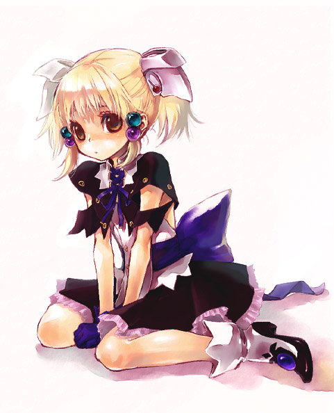 maca, irui guneden, banpresto, super robot wars, blonde hair, boots, brown eyes, child, gloves, ribbon, sitting, twintails