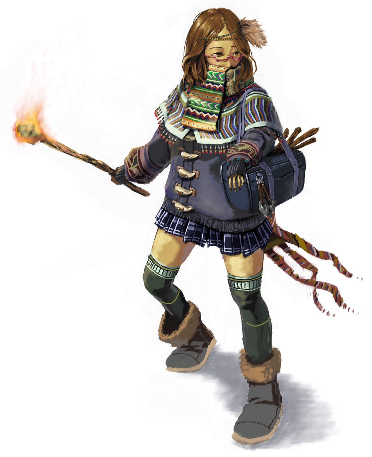 higashiyama hayato, original, highres, 1girl, arm rest, bad anatomy, bad hands, bag, black boots, black nails, black thighhighs, blue bag, blue jacket, blue skirt, boots, brown eyes, brown hair, capelet, fingernails, fire, full body, fur-trimmed boots, fur trim, glasses, holding, holding torch, jacket, long fingernails, long sleeves, medium hair, miniskirt, multicolored capelet, multicolored scarf, nail polish, native american clothes, pink-framed eyewear, pleated skirt, primitive school girl, scarf, school bag, school uniform, semi-rimless eyewear, shoulder bag, simple background, skirt, sleeves past wrists, solo, standing, thighhighs, toggles, torch, under-rim eyewear, white background