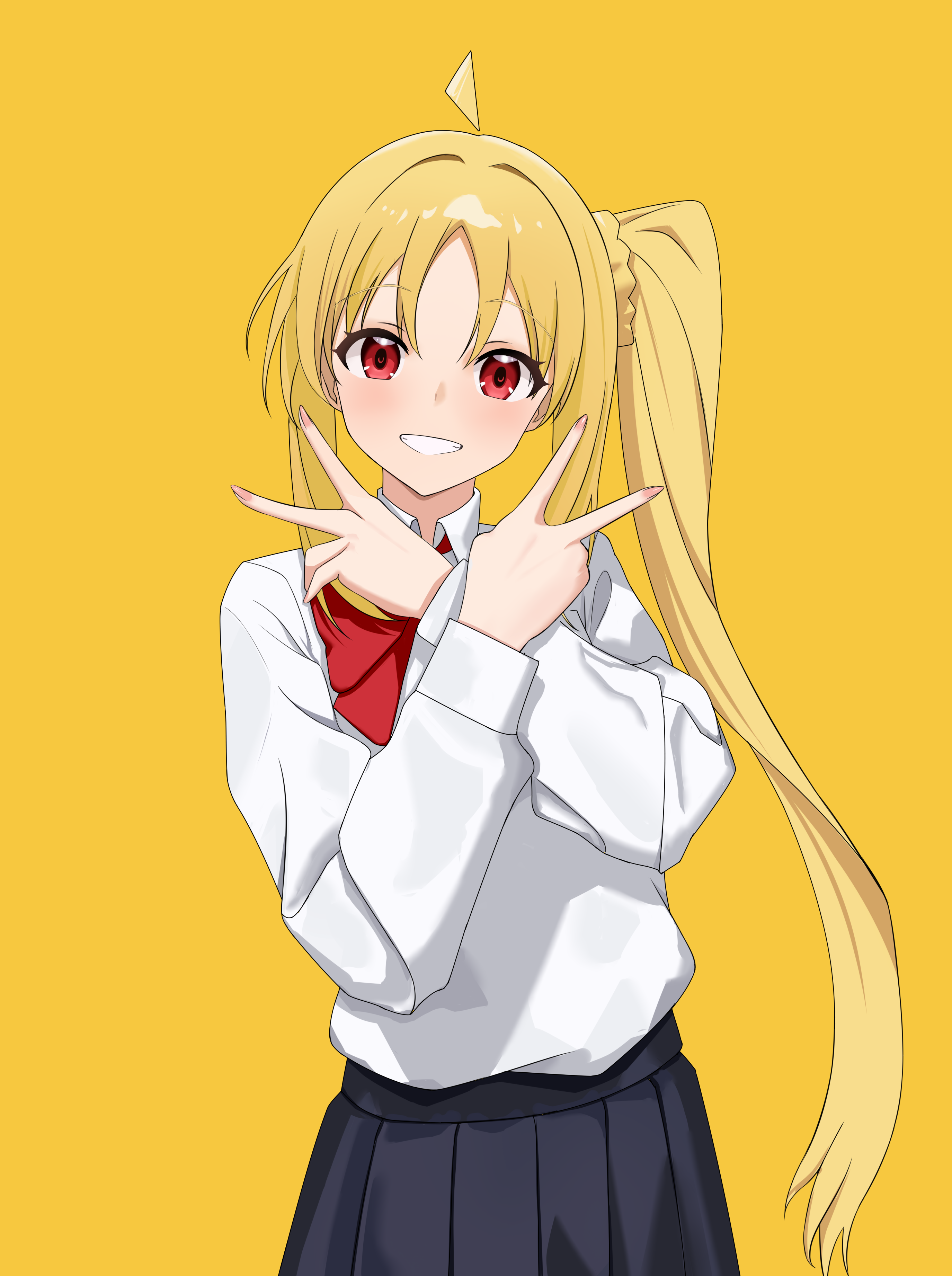 rain sorrow, ijichi nijika, bocchi the rock!, absurdres, highres, 1girl, ahoge, blonde hair, bow, bowtie, double v, hair intakes, hands up, head tilt, looking at viewer, parted lips, pleated skirt, red eyes, school uniform, scrunchie, shirt, side ponytail, simple background, skirt, smile, solo, standing, teeth, v, white shirt, yellow background