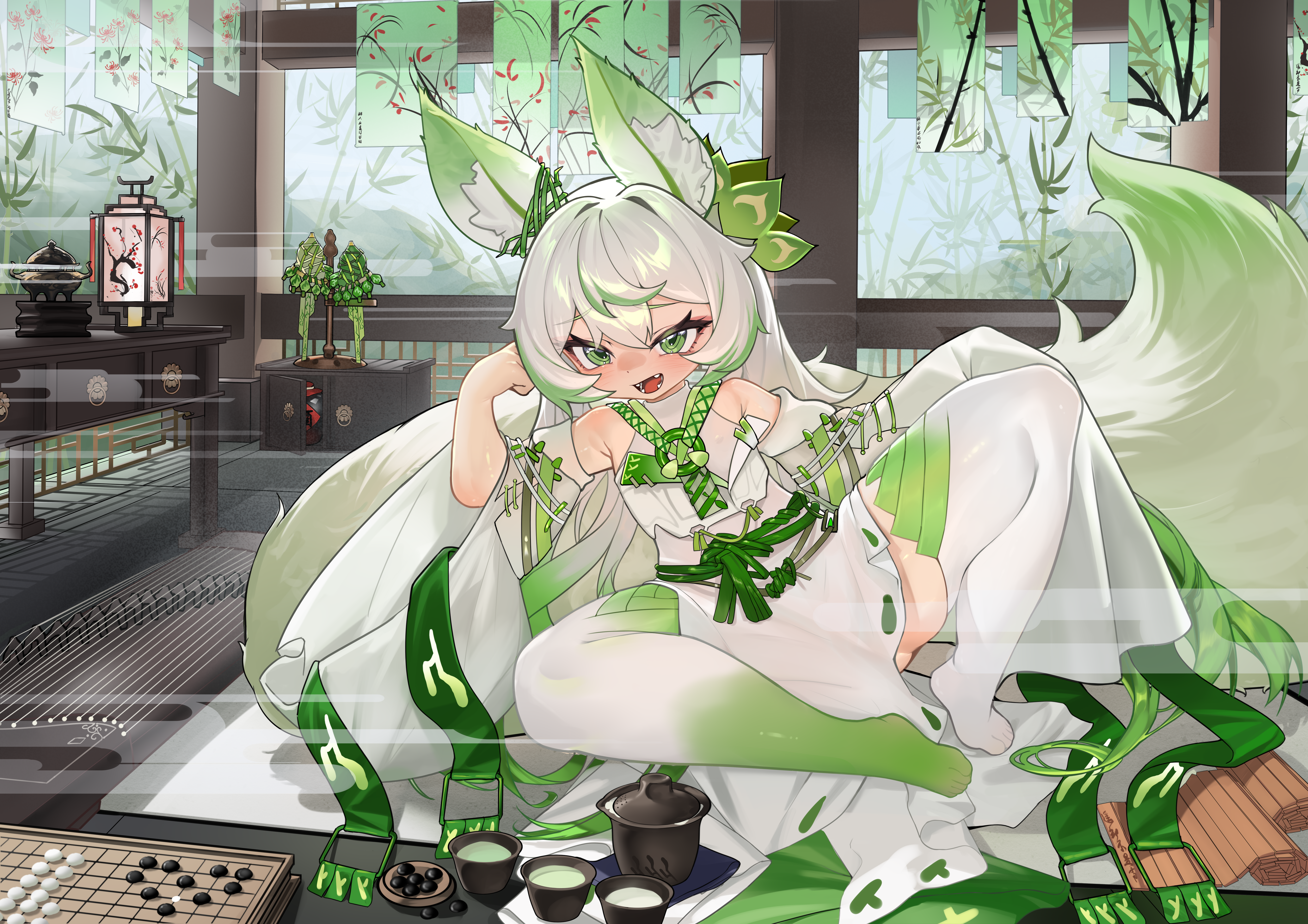 momobug22, negiwolf, original, absurdres, commission, highres, large variant set, variant set, 1girl, animal ear fluff, arm support, armpit crease, board game, colored tips, cup, eyebrows hidden by hair, flat chest, full body, green eyes, green hair, hair between eyes, incense, incense burner, large tail, long hair, looking at viewer, mismatched thighhighs, multicolored hair, nontraditional miko, open mouth, reversi, sitting, smile, smoke, solo, tail, tea, teacup, teeth, two-tone hair, very long hair, white hair