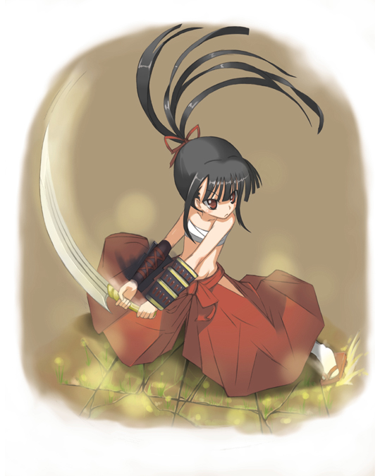 motofumi, bushidou (sekaiju), bushidou 2 (sekaiju), atlus, etrian odyssey, 1girl, black hair, female focus, fighting stance, flat chest, hair ribbon, japanese clothes, long hair, midriff, ponytail, red eyes, ribbon, sandals, sarashi, socks, solo, sword, weapon