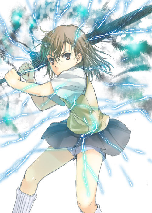 mizuki makoto, misaka mikoto, toaru kagaku no railgun, toaru majutsu no index, psychic, 00s, action, attack, brown eyes, brown hair, electricity, electrokinesis, energy, holding, holding sword, holding weapon, magnetism, medium hair, school uniform, serafuku, short shorts, shorts, solo, sword, tokiwadai school uniform, weapon
