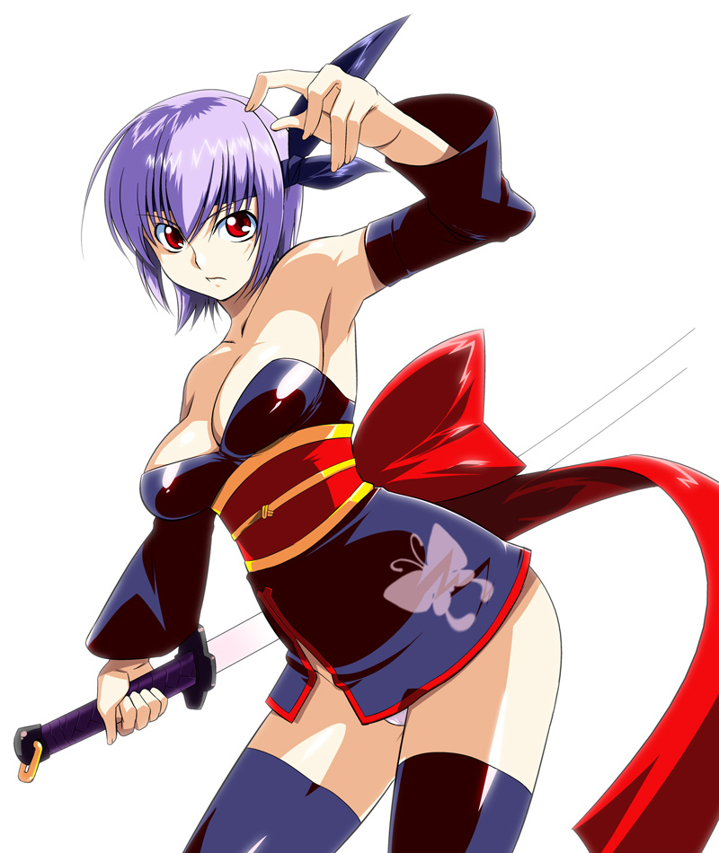 sfix, takase hironori, ayane (doa), dead or alive, tecmo, 1girl, armpits, bow, breasts, cleavage, detached sleeves, female focus, headband, panties, purple hair, red eyes, short hair, solo, sword, thighhighs, underwear, weapon