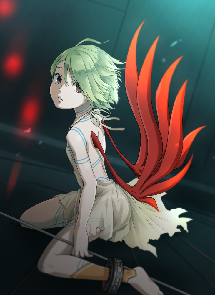 chigayasan, nina (breath of fire v), breath of fire, breath of fire v, commentary request, revision, 1girl, anklet, barefoot, brown eyes, closed mouth, dress, facial mark, foot out of frame, full-body tattoo, green hair, hair over one eye, jewelry, looking at viewer, panties, red wings, short hair, solo, staff, tattoo, underwear, white dress, white panties, wings