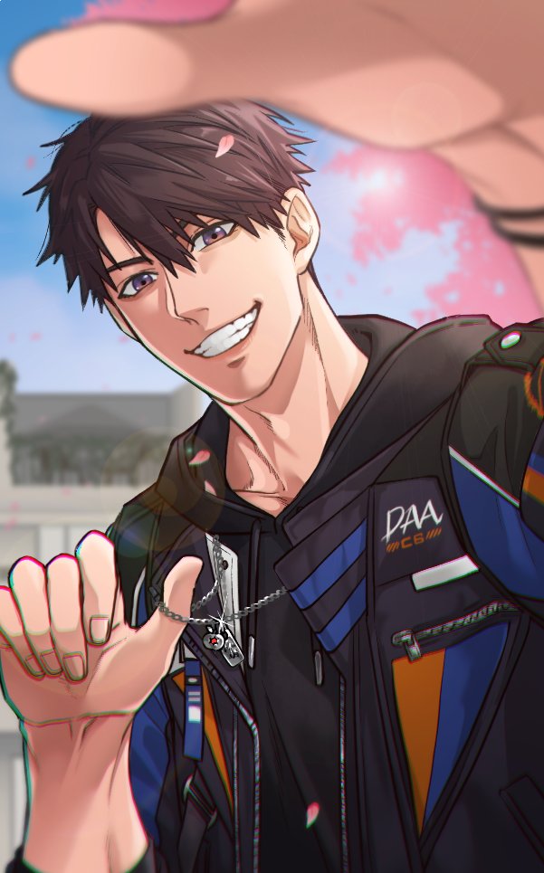 oekaki shitou, caleb (love and deepspace), love and deepspace, 1boy, black hoodie, blurry, blurry foreground, bracelet, brown eyes, brown hair, cherry blossoms, collarbone, dog tags, falling petals, grin, hair between eyes, holding, holding jewelry, holding necklace, hood, hoodie, jacket over hoodie, jewelry, looking at viewer, male focus, necklace, outdoors, outstretched hand, petals, pink petals, short hair, smile, solo, teeth, upper body