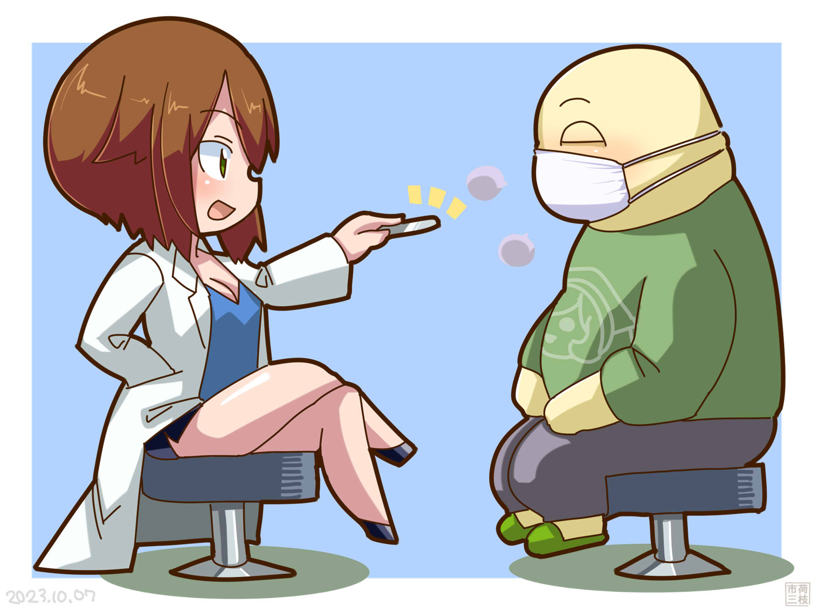 itini-sanshi, souseiseki, yaruo, 2channel, rozen maiden, highres, 1boy, 1girl, :d, alternate costume, bald, blue background, blue shirt, breasts, brown hair, cleavage, closed eyes, coat, dated, doctor, full body, green eyes, green shirt, green slippers, grey pants, lab coat, long sleeves, looking at another, mask, medium breasts, mouth mask, open clothes, open coat, open mouth, pants, shirt, short hair, sitting, slippers, smile, stool, two-tone background, white background, white coat