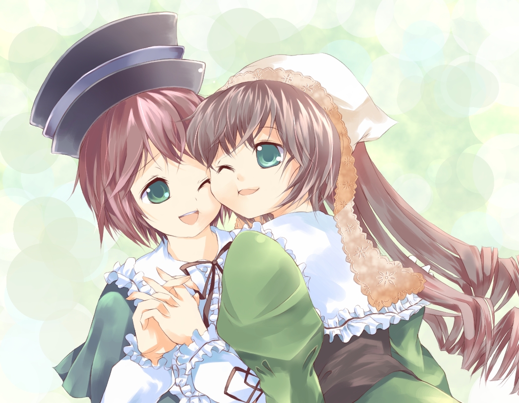 yugusa yuube, souseiseki, suiseiseki, rozen maiden, 00s, 2girls, blush, brown hair, corset, dress, drill hair, frills, green dress, green eyes, hat, headscarf, holding hands, lolita fashion, long hair, long sleeves, multiple girls, open mouth, ribbon, short hair, siblings, sisters, twin drills, twins, twintails, very long hair, white headscarf