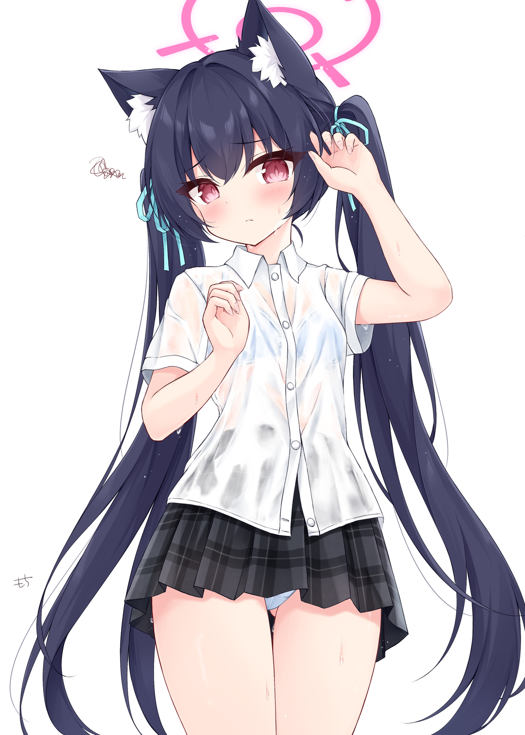 mochizuki riku, serika (blue archive), blue archive, commentary request, highres, 1girl, animal ear fluff, animal ears, artist name, black skirt, blue bra, blue hair, blue ribbon, bra, cat ears, cat girl, closed mouth, collared shirt, cowboy shot, hair ribbon, halo, hands up, long hair, looking at viewer, miniskirt, panties, pantyshot, pink eyes, pink halo, plaid clothes, plaid skirt, pleated skirt, ribbon, school uniform, shirt, short sleeves, signature, simple background, skirt, solo, squiggle, twintails, underwear, very long hair, wet, wet clothes, wet shirt, white background, white panties, white shirt