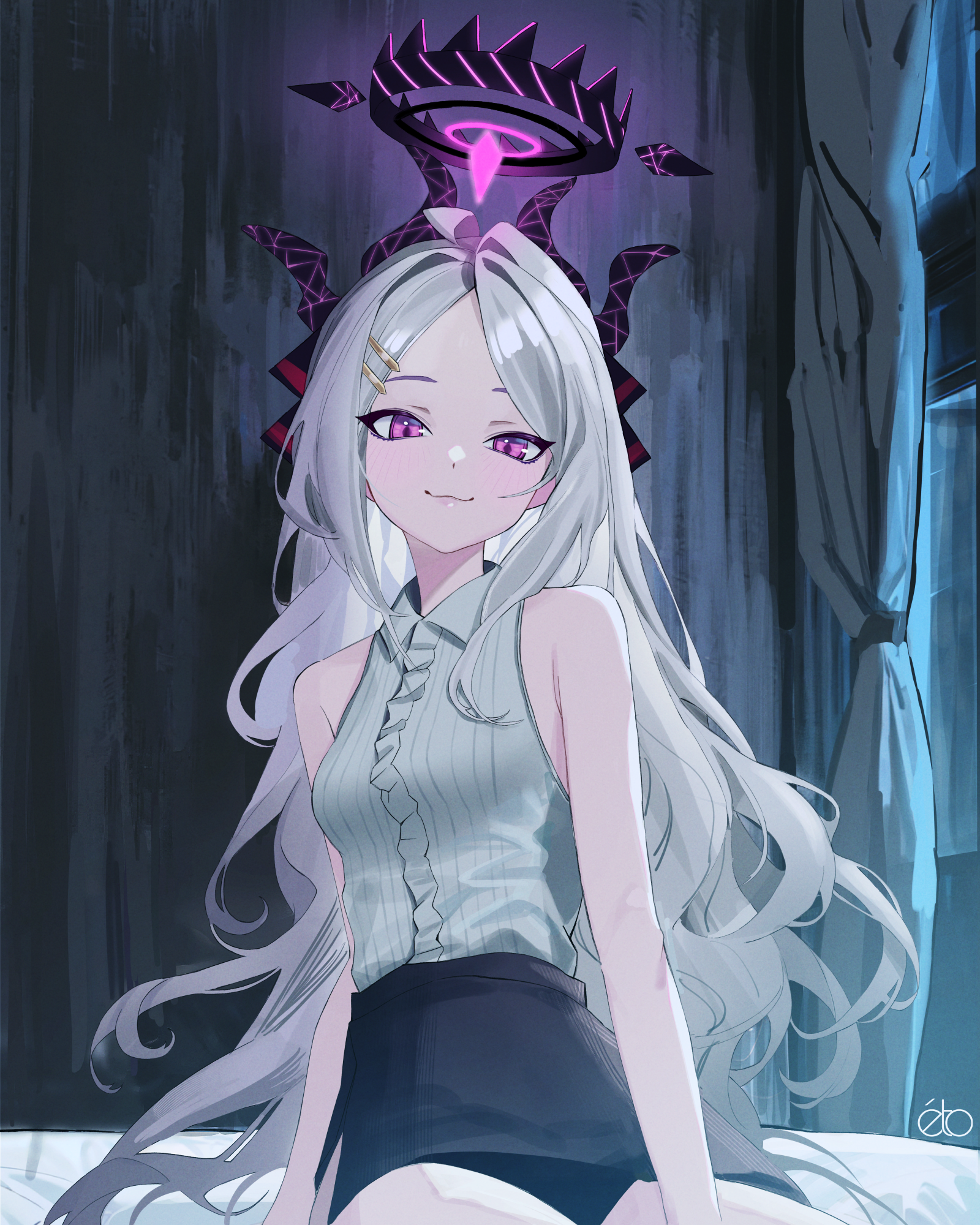 ahneato, hina (blue archive), blue archive, commentary, highres, revision, 1girl, :3, ahoge, black skirt, breasts, closed mouth, curtains, demon girl, demon horns, hair ornament, hairclip, halo, horns, indoors, long hair, looking at viewer, multiple horns, parted bangs, purple eyes, shirt, sitting, skirt, sleeveless, sleeveless shirt, small breasts, smile, solo, white hair, white shirt, window