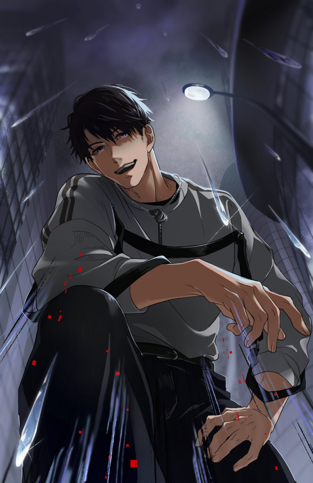 oekaki shitou, caleb (love and deepspace), love and deepspace, highres, 1boy, black pants, brown eyes, brown hair, building, city, dog tags, from below, grey shirt, hair between eyes, lamppost, looking at viewer, male focus, on one knee, open mouth, outdoors, pants, rain, shaded face, shirt, short hair, skyscraper, smile, solo, sweater