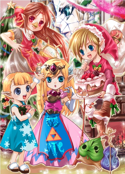 aryll, link, makar, medli, princess zelda, tingle, toon link, toon zelda, nintendo, the legend of zelda, the legend of zelda: the wind waker, 2boys, 3girls, blonde hair, blue eyes, brown hair, cheek swirl, christmas, elbow gloves, gloves, harp, instrument, multiple boys, multiple girls, pointy ears, red eyes, smile, tiara, violin