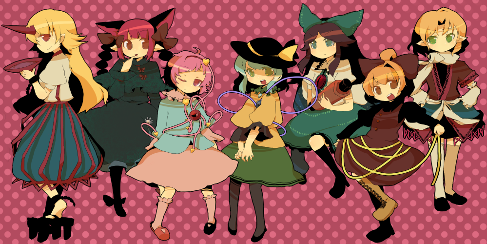 azuma seiji, hoshiguma yuugi, kaenbyou rin, komeiji koishi, komeiji satori, kurodani yamame, mizuhashi parsee, reiuji utsuho, touhou, bad id, bad pixiv id, 6+girls, animal ears, aqua eyes, aqua hair, blonde hair, bow, brown eyes, cat ears, cat girl, cup, female focus, green eyes, hair bow, hat, horns, long hair, multiple girls, pantyhose, pink hair, pointy ears, red eyes, ribbon, sakazuki, short hair, single horn, yellow bow