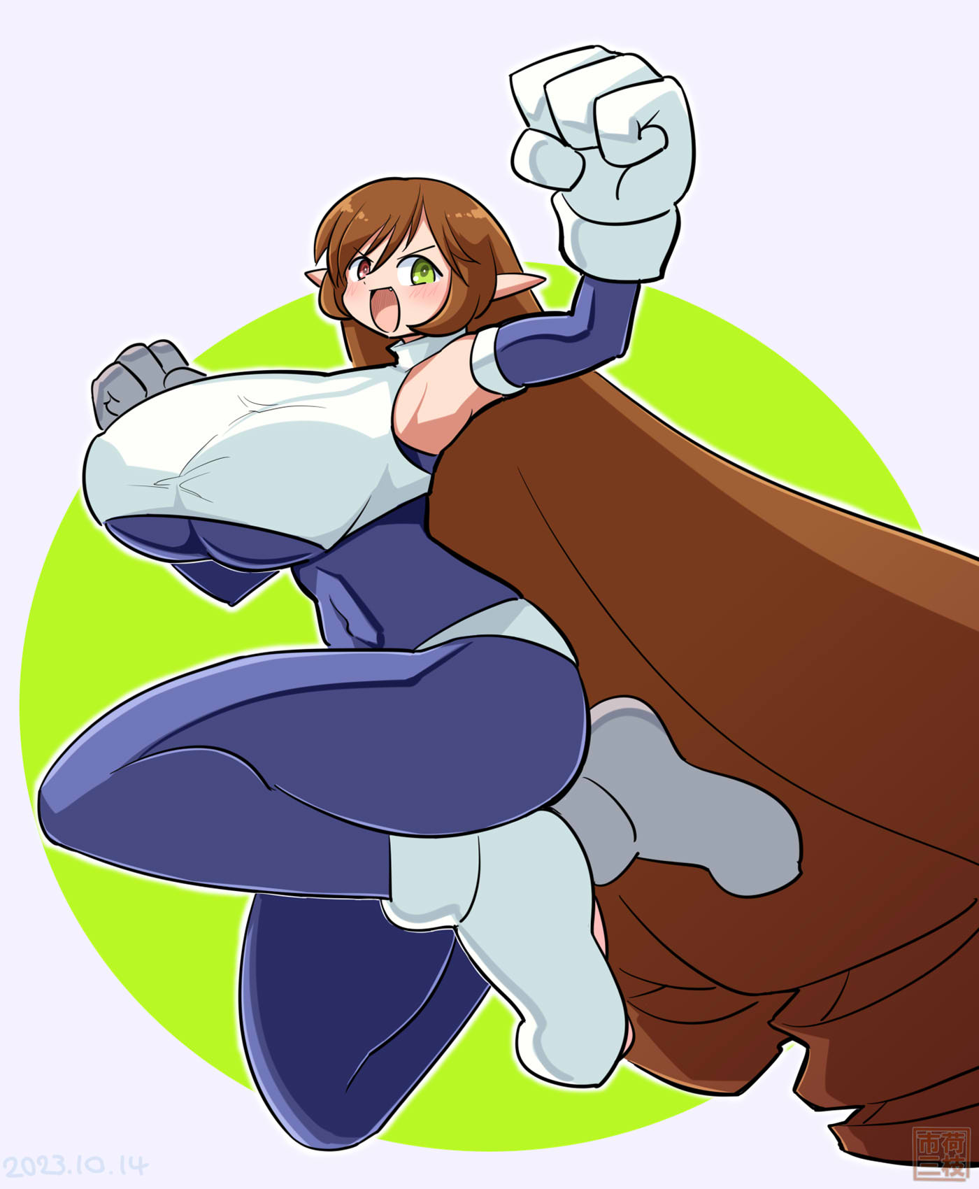 itini-sanshi, roomi, suiseiseki, galaxy fight, rozen maiden, commentary request, highres, 1girl, absurdly long hair, alternate breast size (larger), blue bodysuit, blush, bodysuit, boots, breasts, brown hair, cosplay, drill hair, full body, gloves, green background, green eyes, heterochromia, huge breasts, long hair, looking at viewer, open mouth, pointy ears, red eyes, roomi (cosplay), solo, twin drills, two-tone background, very long hair, white background, white boots, white gloves