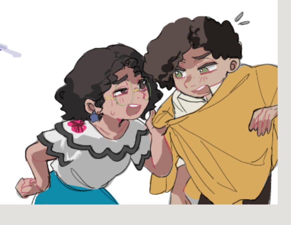 camilo madrigal, mirabel madrigal, encanto, 1boy, 1girl, afro, brown eyes, brown hair, colombian clothes, cousins, curly hair, dark-skinned female, dark-skinned male, dark skin, earrings, green-framed eyewear, jewelry, shirt, short hair, simple background, skirt, white shirt, yellow poncho, yumemaru