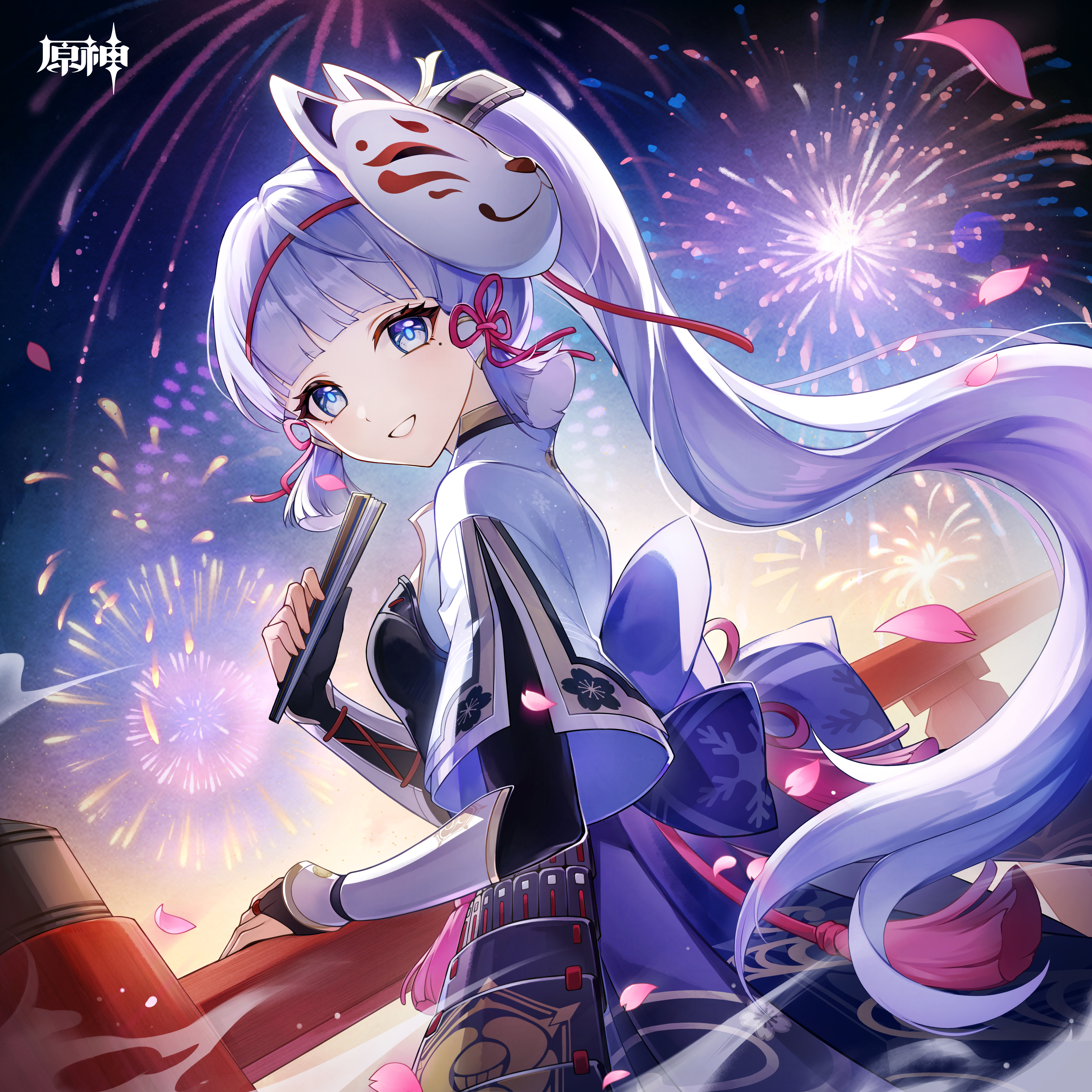 ayaka (genshin impact), genshin impact, absurdres, chinese commentary, highres, official art, 1girl, arm guards, black gloves, blue dress, blue eyes, blue hair, blunt bangs, blunt tresses, dress, fireworks, floating hair, folded fan, folding fan, from side, gloves, hand fan, hand up, high ponytail, holding, holding fan, long hair, looking at viewer, mask, mask on head, mole, mole under eye, night, night sky, outdoors, parted lips, partially fingerless gloves, ponytail, sidelocks, sky, smile, solo, tassel, very long hair