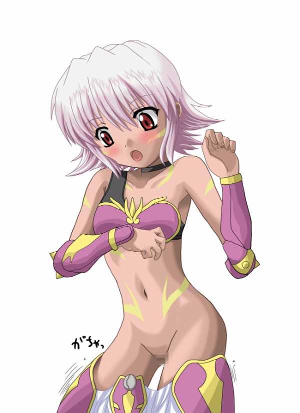 black rose (.hack//), hack, kunisaki rena, .hack//, .hack//games, .hack//tasogare no udewa densetsu, bandai, cyber connect 2, non-web source, 00s, 1girl, armor, bare shoulders, censored, dark-skinned female, dark skin, female focus, pink hair, pussy, red eyes, short hair, solo, wardrobe malfunction