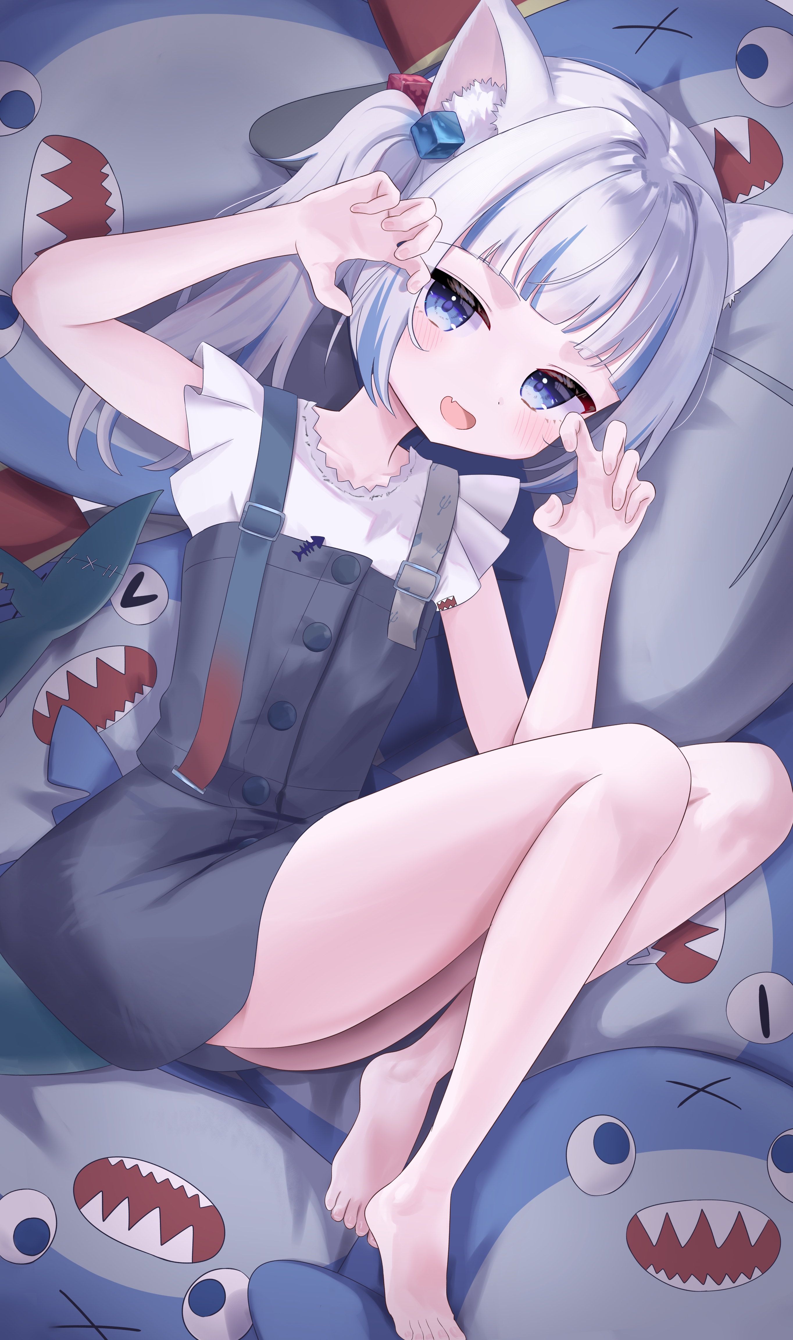kurimatcha, bloop (gawr gura), gawr gura, hololive, hololive english, absurdres, highres, tagme, 1girl, animal ear fluff, animal ears, bare legs, barefoot, blue eyes, blunt bangs, fins, fish tail, grey hair, looking at viewer, multicolored hair, open mouth, shark tail, solo, streaked hair, tail, virtual youtuber