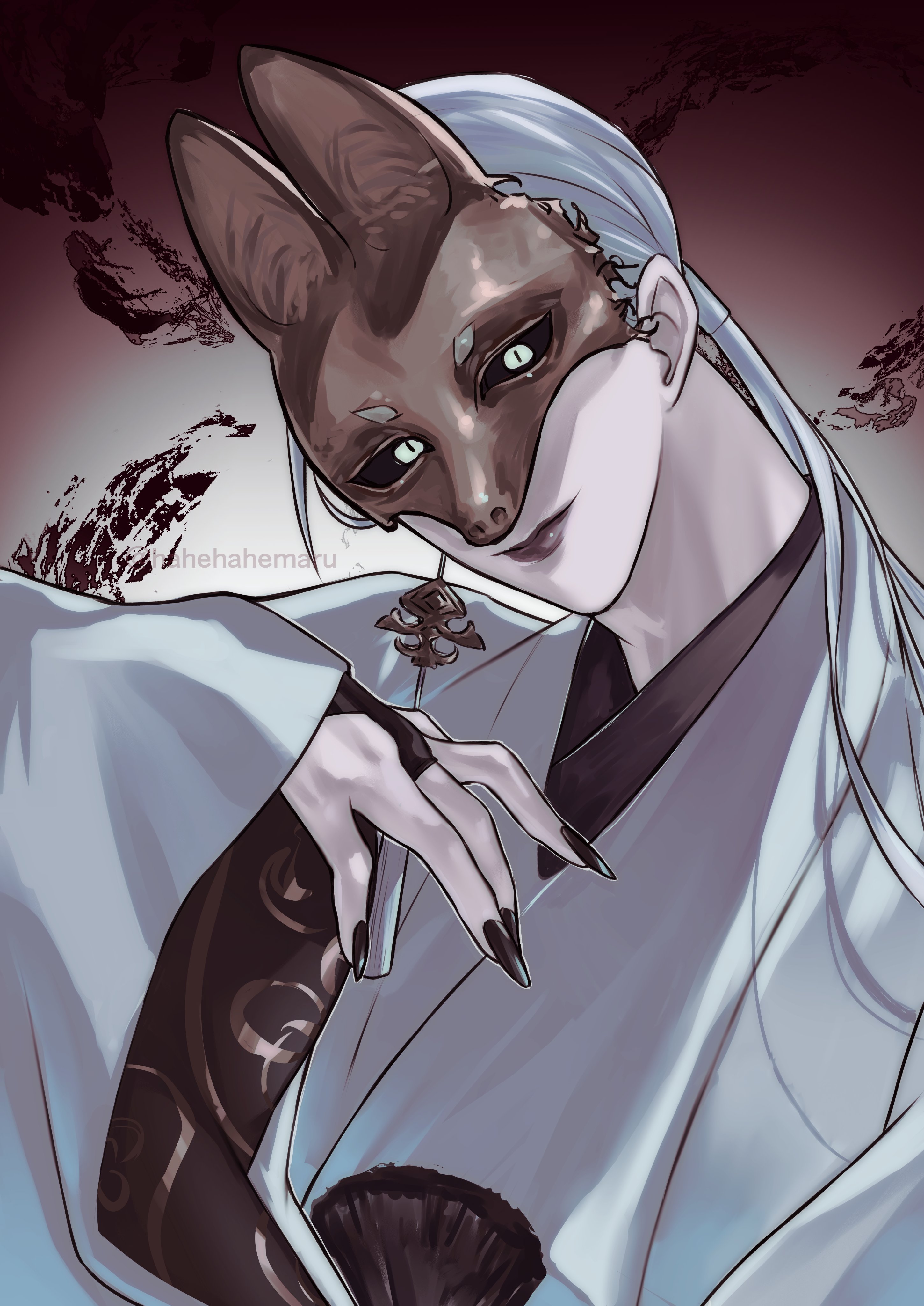 fox mask (silent hill), silent hill (series), silent hill f, absurdres, highres, 1boy, black nails, black sclera, bridal gauntlets, closed mouth, colored sclera, earrings, fingernails, fox mask, grey lips, hahehahemaru, hair over shoulder, hair tie, japanese clothes, jewelry, light smile, long fingernails, long hair, low ponytail, male focus, mask, nail polish, ponytail, robe, single earring, slit pupils, solo, tassel, tassel earrings, twitter username, upper body, white hair, white robe, wide sleeves
