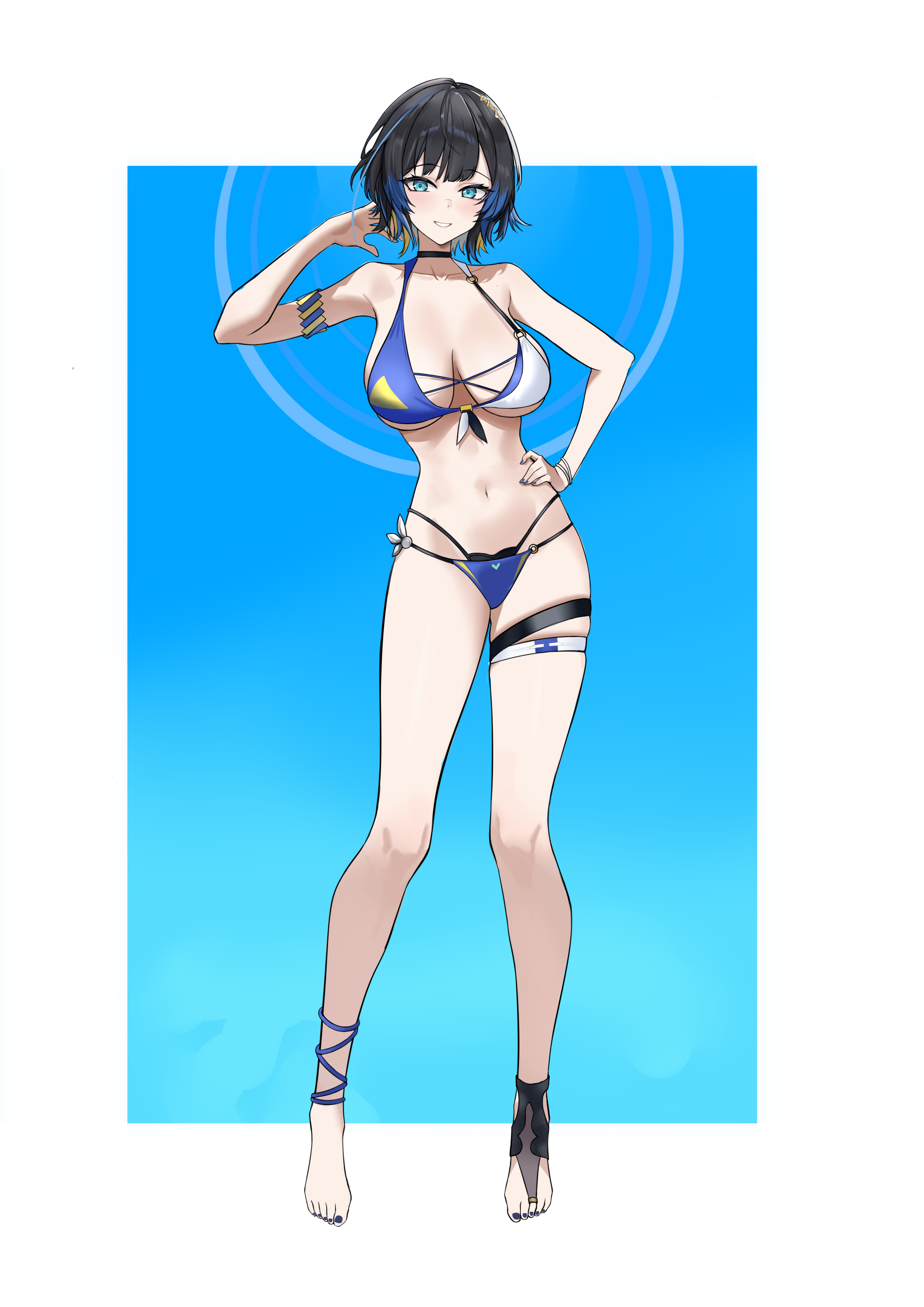 rain sorrow, katya klein, snowbreak: containment zone, absurdres, highres, 1girl, adjusting hair, anklet, armband, armpit crease, bare shoulders, bikini, black hair, blonde hair, blue eyes, blunt bangs, bob cut, bracelet, breasts, breasts apart, choker, collarbone, front-tie bikini top, front-tie top, hand on own hip, hand up, highleg, highleg panties, jewelry, large breasts, looking at viewer, multi-strapped bikini bottom, multicolored hair, nail polish, navel, o-ring, o-ring bikini, panties, parted lips, short hair, smile, solo, standing, swimsuit, teeth, thigh strap, underwear