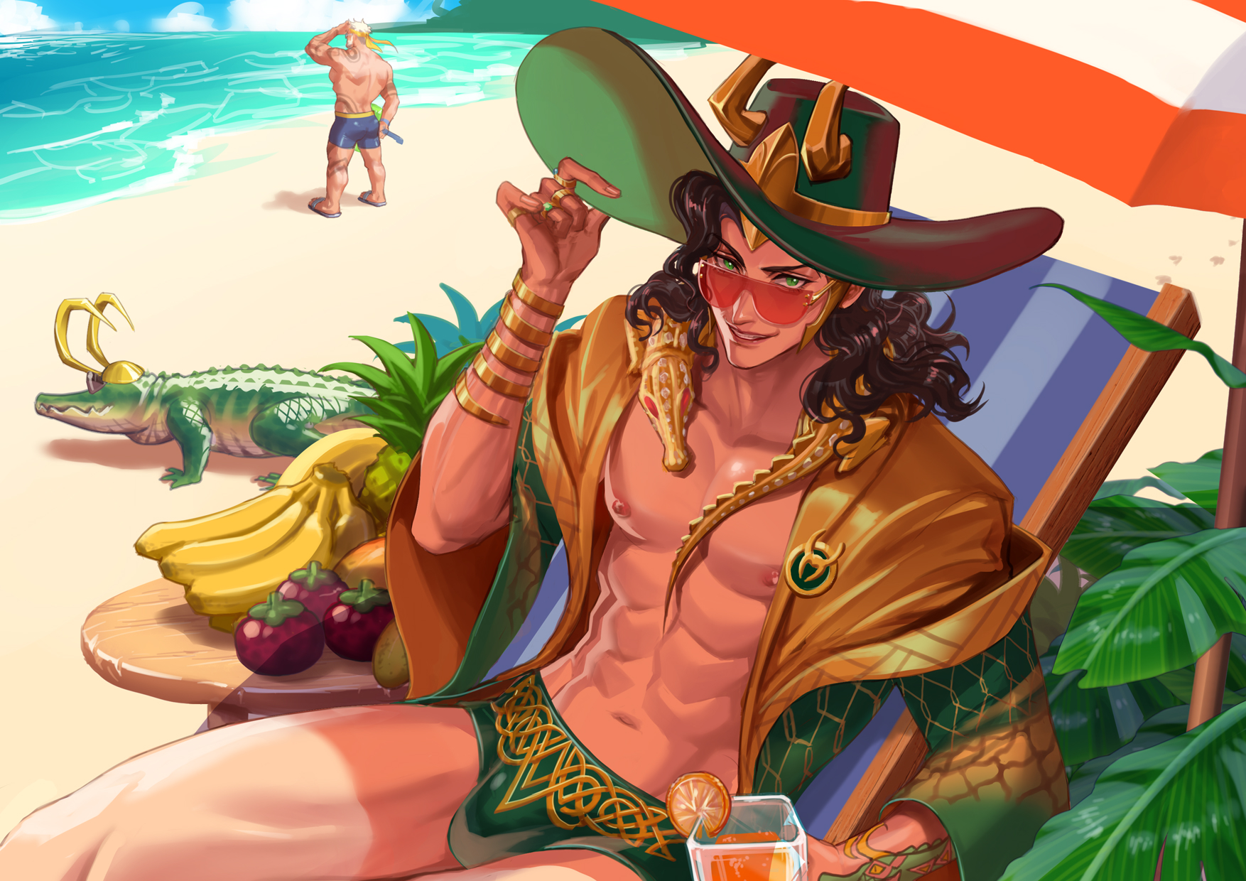 eilinna, loki (marvel), loki (robe of relaxation) (marvel), thor (marvel), thor (worthy waves) (marvel), marvel, marvel rivals, highres, 2boys, arm tattoo, banana, beach, beach chair, beach umbrella, black hair, blonde hair, blue male swimwear, bracelet, brothers, crocodile, crocodilian, drink, food, fruit, gold bracelet, gold ring, green eyes, green hat, green male swimwear, hat, holding, holding drink, horned hat, jewelry, long hair, looking at viewer, male focus, male swimwear, mango, multiple boys, multiple rings, muscular, muscular male, ocean, official alternate costume, open clothes, open robe, orange (fruit), orange slice, parted lips, pectorals, persimmon, pineapple, ring, robe, sandals, siblings, smile, standing, sun hat, sunglasses, swim briefs, tattoo, topless male, tropical drink, umbrella, upper body