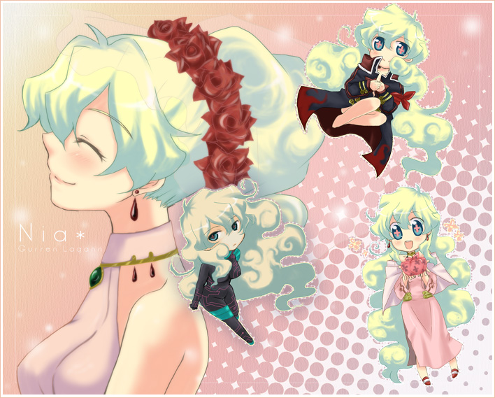 hazuki (pacco), antispiral nia, nia teppelin, tengen toppa gurren lagann, 00s, aged up, bridal veil, bride, curly hair, dress, flower, multicolored hair, pacco, rose, veil, wedding dress