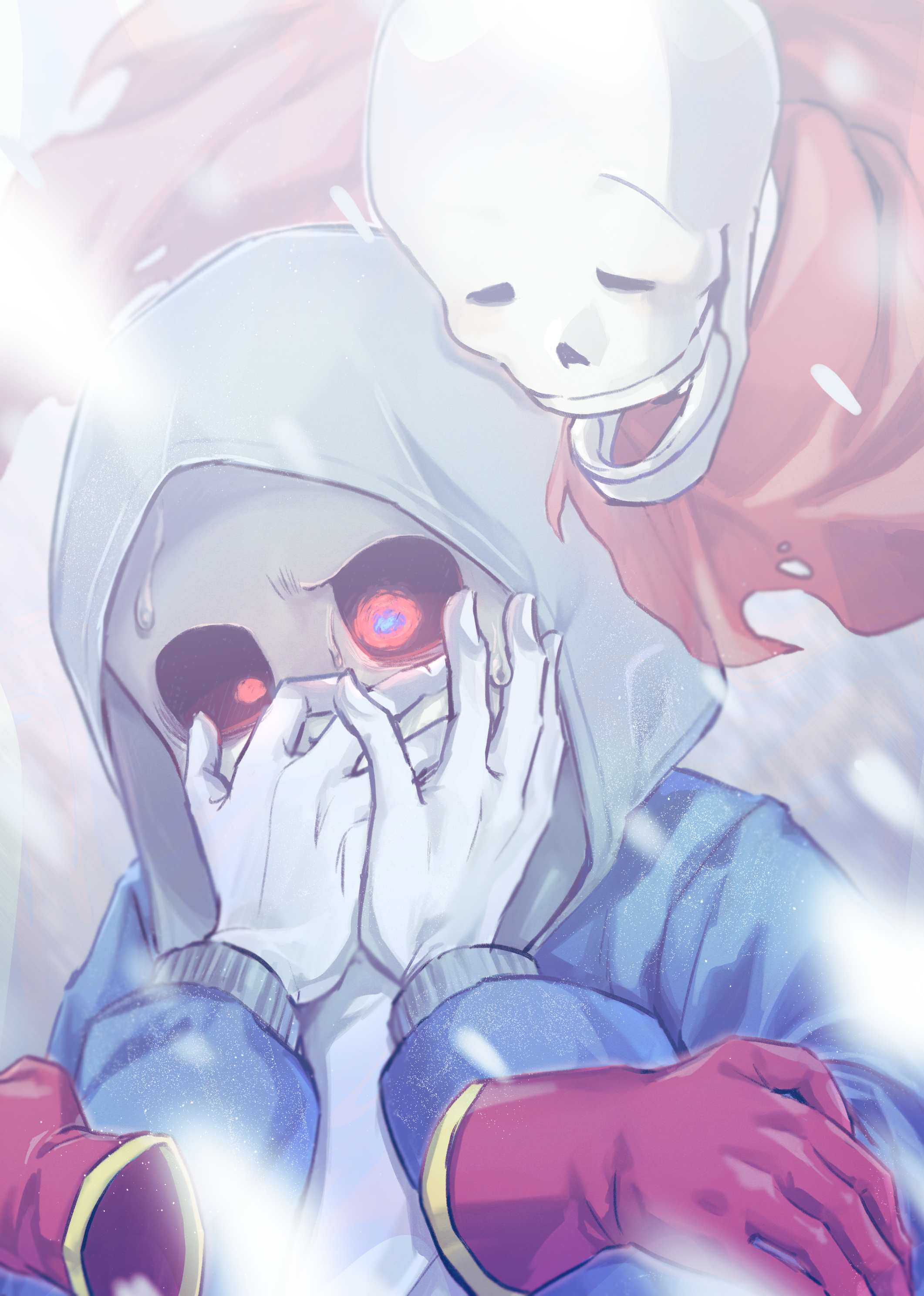 ama (pixiv 50406250), papyrus (undertale), sans (undertale), dusttale, undertale, utdr (toby fox), absurdres, commentary request, highres, 2boys, :d, alternate universe, blue eyes, blue jacket, blurry, blurry foreground, brothers, closed eyes, covered mouth, covering own mouth, gloves, glowing, glowing eyes, grey background, grey hood, hood, hood up, hooded jacket, hug, jacket, long sleeves, male focus, multicolored eyes, multiple boys, open mouth, puffy long sleeves, puffy sleeves, red eyes, red gloves, red scarf, scarf, shirt, siblings, simple background, skeleton, smile, snowing, sweat, teeth, two-tone eyes, u u, upper body, white gloves, white shirt
