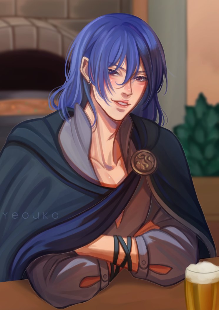 yeouko, balor (fields of mistria), fields of mistria, alcohol, beer, black cape, blue hair, cape, crossed arms, earrings, jewelry, looking at viewer, single earring, stone stove, teeth, twitter username