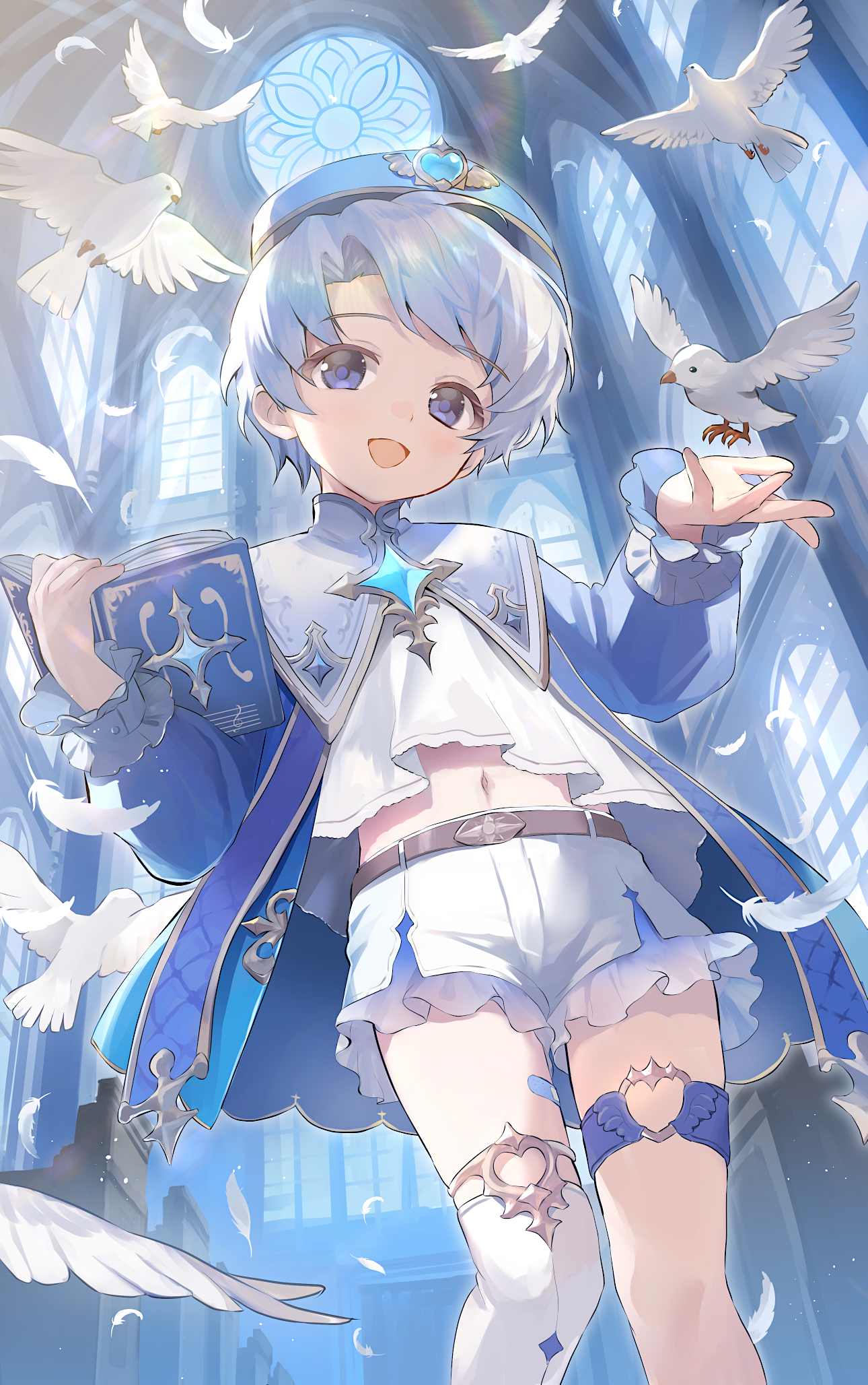 cocolo (co co lo), original, commentary request, highres, 1boy, bird, blue cloak, blue eyes, blue hat, book, cloak, grey hair, hat, holding, holding book, long sleeves, male focus, midriff, navel, o-ring, o-ring thigh strap, open mouth, shirt, short hair, shorts, single thighhigh, solo, thigh strap, thighhighs, very short hair, white shirt, white shorts, white thighhighs