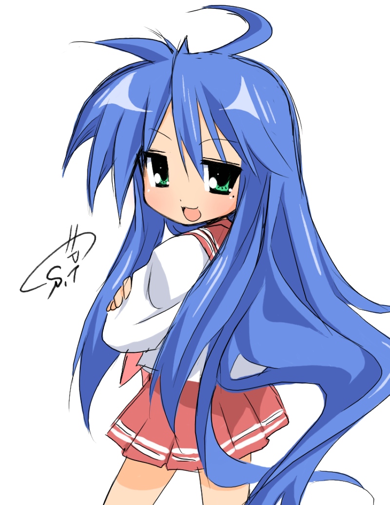 izumi konata, lucky star, non-web source, 00s, 1girl, ahoge, blue hair, female focus, green eyes, long hair, mole, mole under eye, school uniform, serafuku, solo, standing