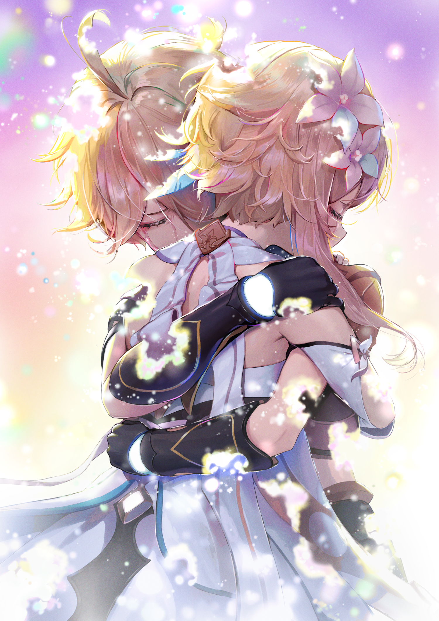 pi (p77777778), aether (genshin impact), lumine (genshin impact), genshin impact, highres, 1boy, 1girl, ahoge, bare shoulders, blonde hair, brother and sister, closed eyes, crying, dress, flower, gauntlets, hair flower, hair ornament, hug, siblings, white dress, white flower