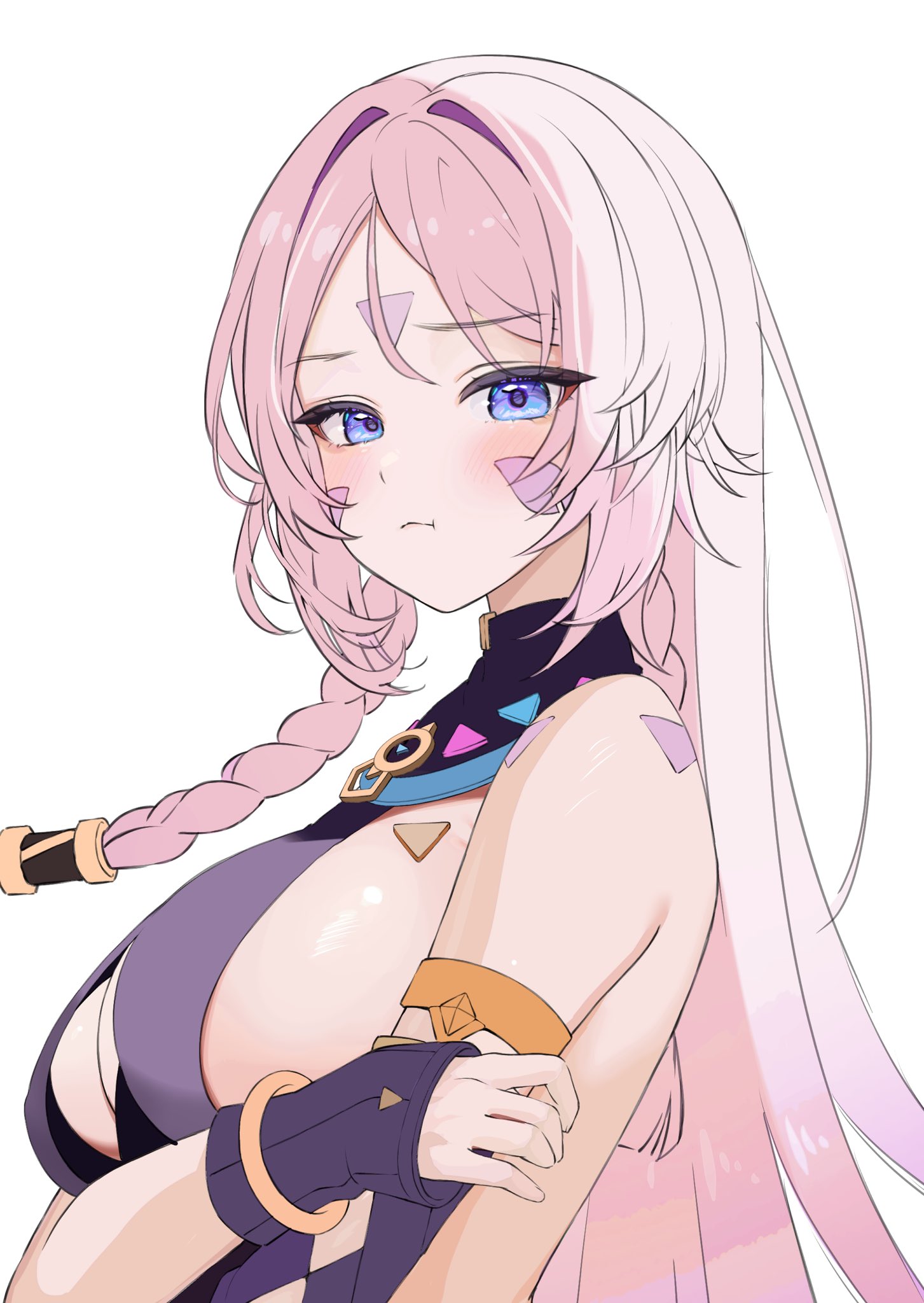 chobonu, citlali (genshin impact), genshin impact, commentary request, highres, 1girl, :t, adapted costume, arms up, black gloves, black leotard, blue eyes, blush, breasts, cleavage, closed mouth, facial mark, fingerless gloves, forehead mark, from side, gloves, halterneck, hand on own arm, large breasts, leotard, long hair, looking at viewer, looking to the side, parted lips, pink hair, purple eyes, sideboob, simple background, solo, triangle, triangle facial mark, very long hair, white background