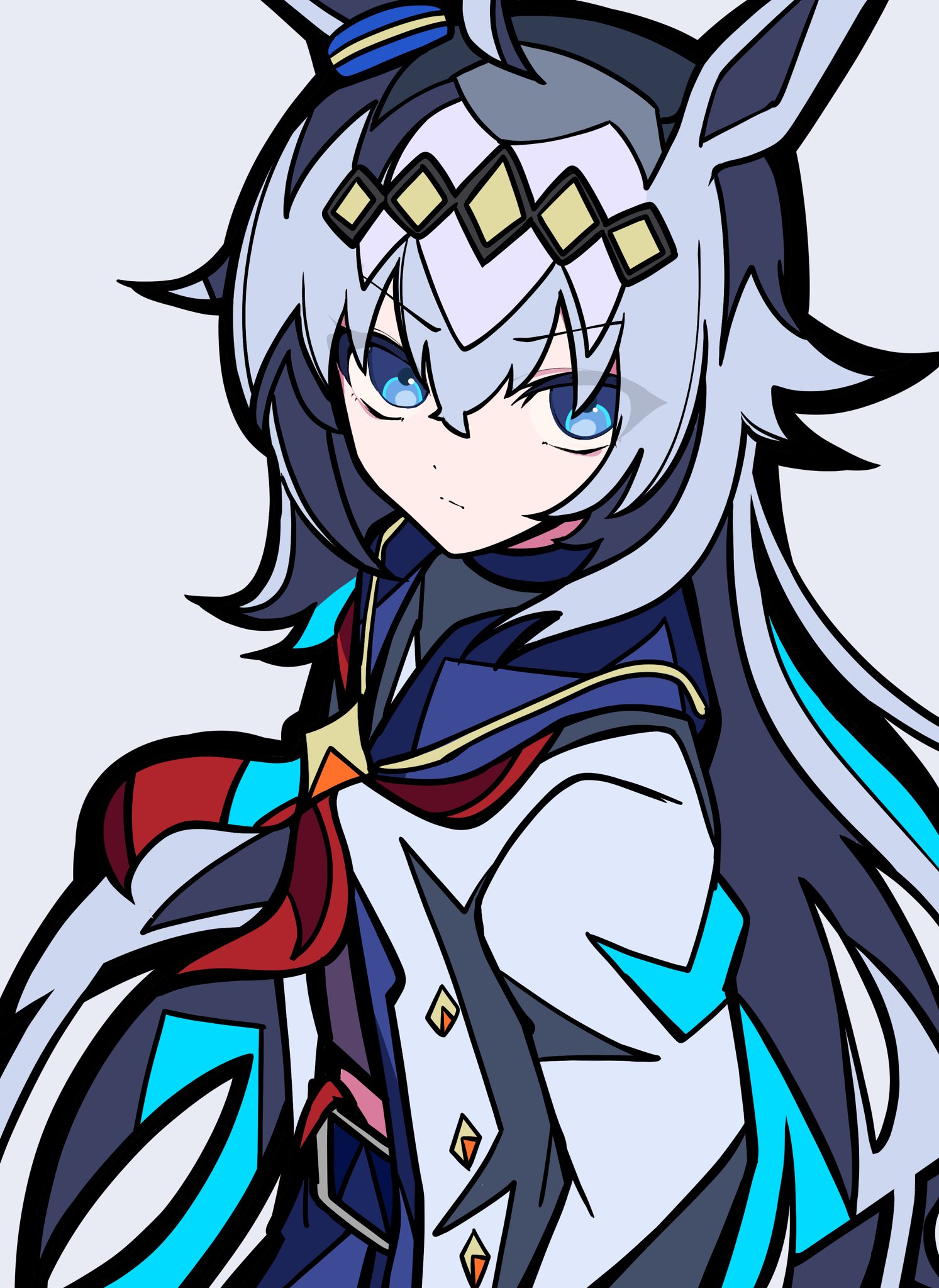 kikkasoon, oguri cap (starlight beat) (umamusume), oguri cap (umamusume), umamusume, highres, 1girl, ahoge, animal ears, blue eyes, blue sailor collar, blue skirt, brooch, closed mouth, ear ornament, grey hair, hair between eyes, hair ornament, hairband, horse ears, horse girl, jacket, jewelry, long hair, long sleeves, looking at viewer, multicolored hair, neckerchief, red neckerchief, sailor collar, shirt, simple background, skirt, solo, star brooch, upper body, white jacket, white shirt