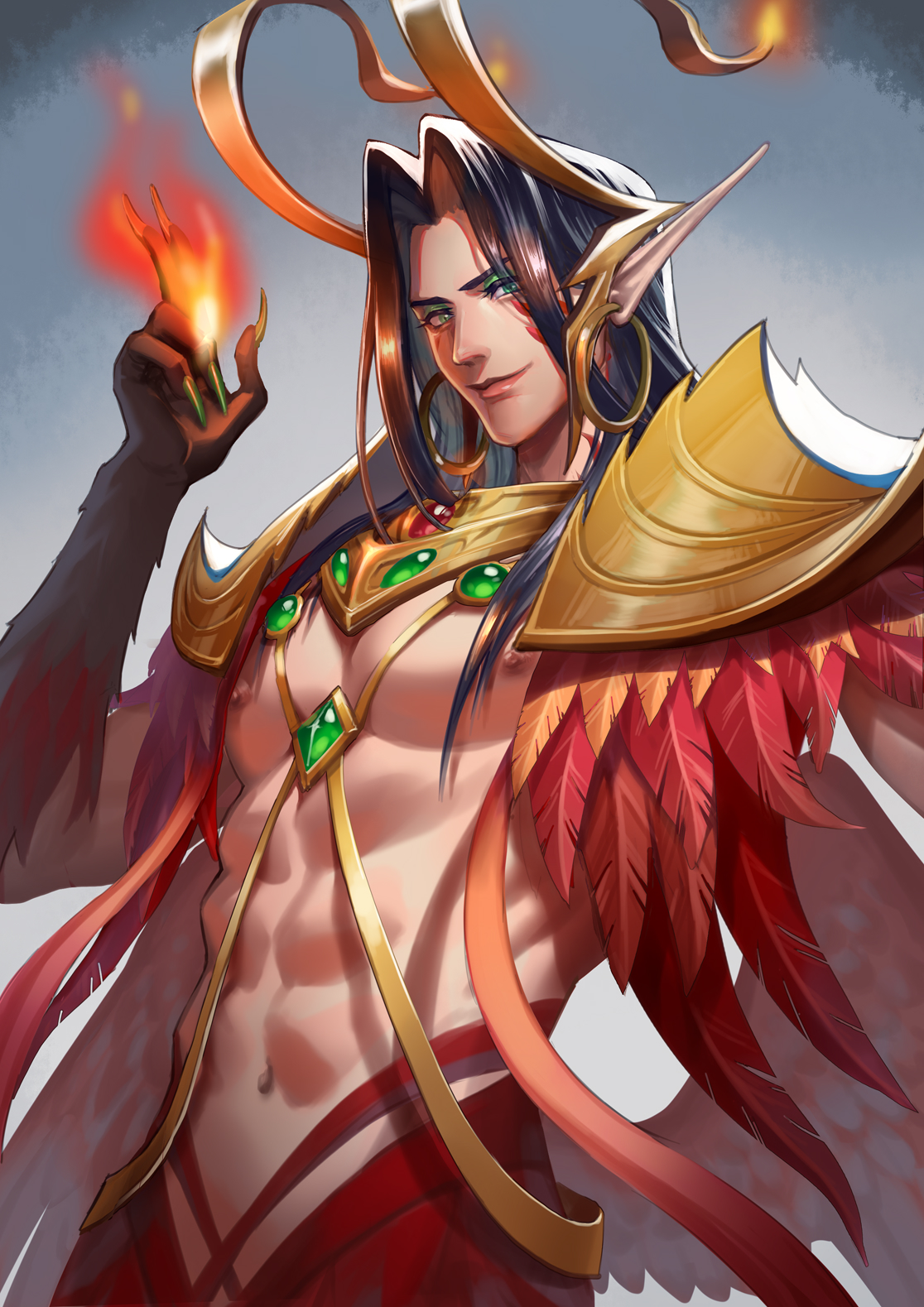 eilinna, loki (marvel), marvel, marvel rivals, highres, 1boy, abs, armor, black hair, claws, closed mouth, earrings, facial mark, fake horns, feathers, fingernails, flaming hand, gem, gold horns, gold necklace, green gemstone, grey background, hoop earrings, horned headwear, horns, jewelry, long bangs, long fingernails, long hair, male focus, midriff, navel, necklace, official alternate costume, pants, parted bangs, pectorals, pointy ears, red feathers, red gemstone, red pants, shoulder armor, smile, solo