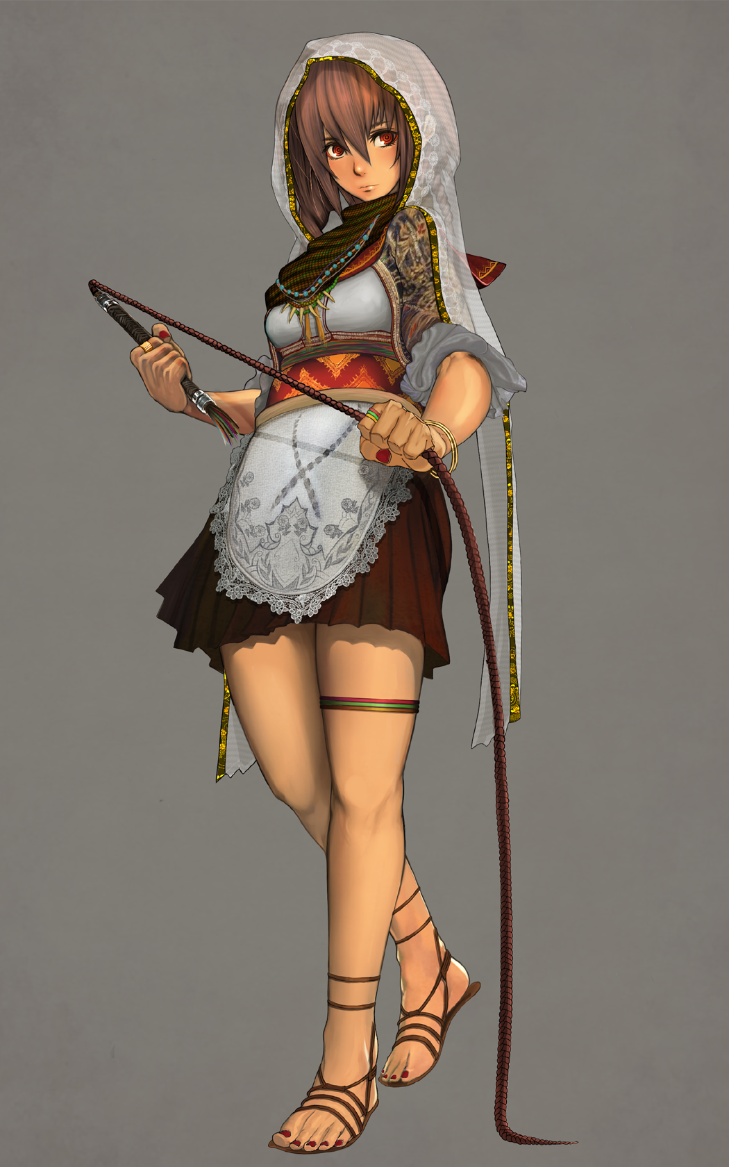 niiyaso, original, commentary request, highres, 1girl, apron, bracelet, breasts, brown hair, brown sandals, closed mouth, full body, gold bracelet, grey background, hair between eyes, holding, holding whip, jewelry, lace-trimmed apron, lace trim, medium breasts, medium hair, multiple necklaces, nail polish, necklace, pleated skirt, red eyes, red nails, red skirt, sandals, shirt, shrug (clothing), simple background, skirt, solo, standing, thighlet, three-quarter sleeves, toenail polish, toenails, tooth necklace, veil, whip, white shirt, white veil